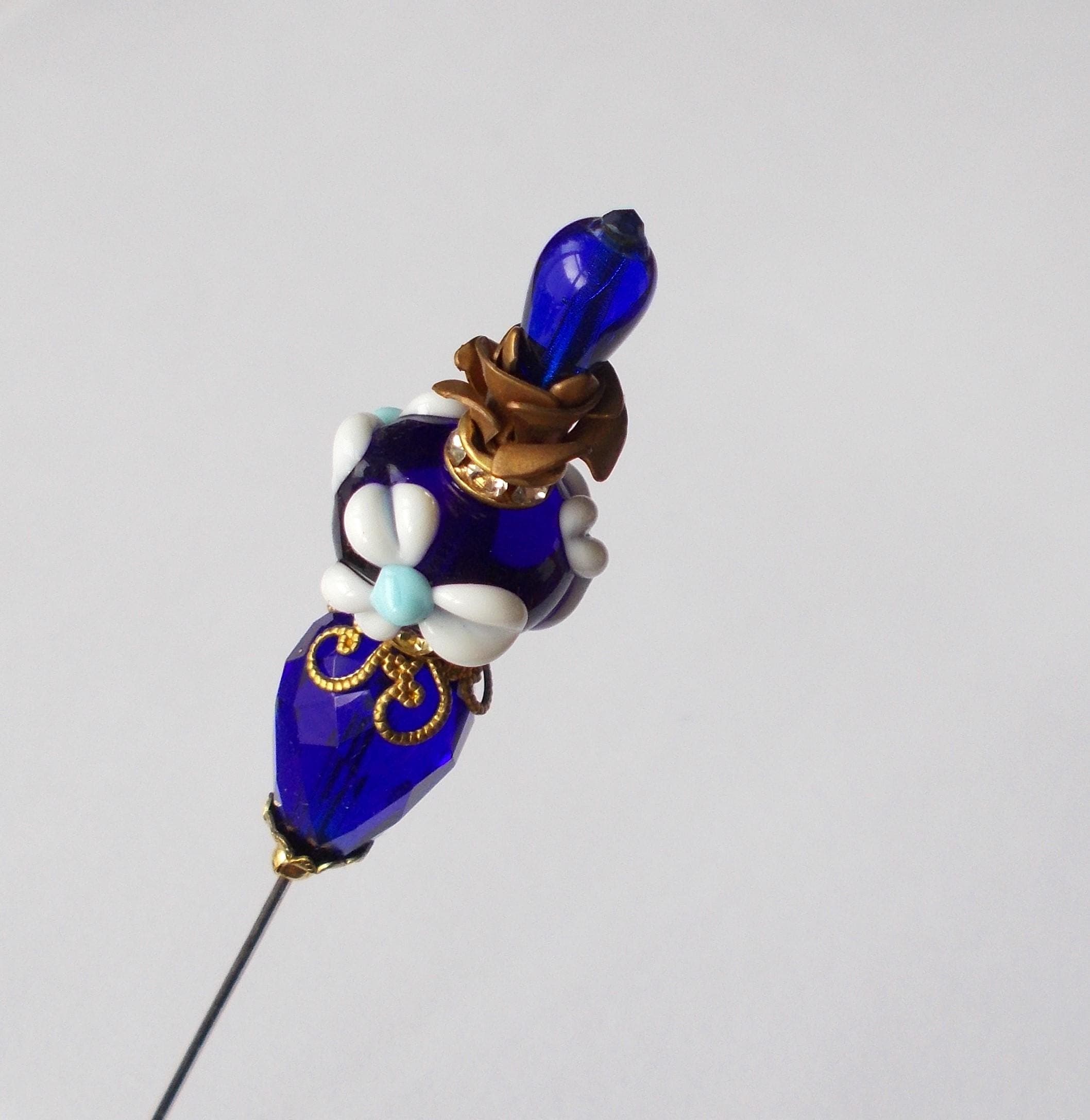 Handmade Cobalt Blue Glass Bead Hatpin: Gold Tone Floral Accent - image 3