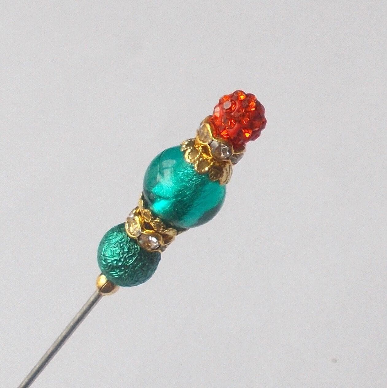 Handmade Glass Bead Hatpin: Orange & Green Vintage Style, 5 inch - image 3