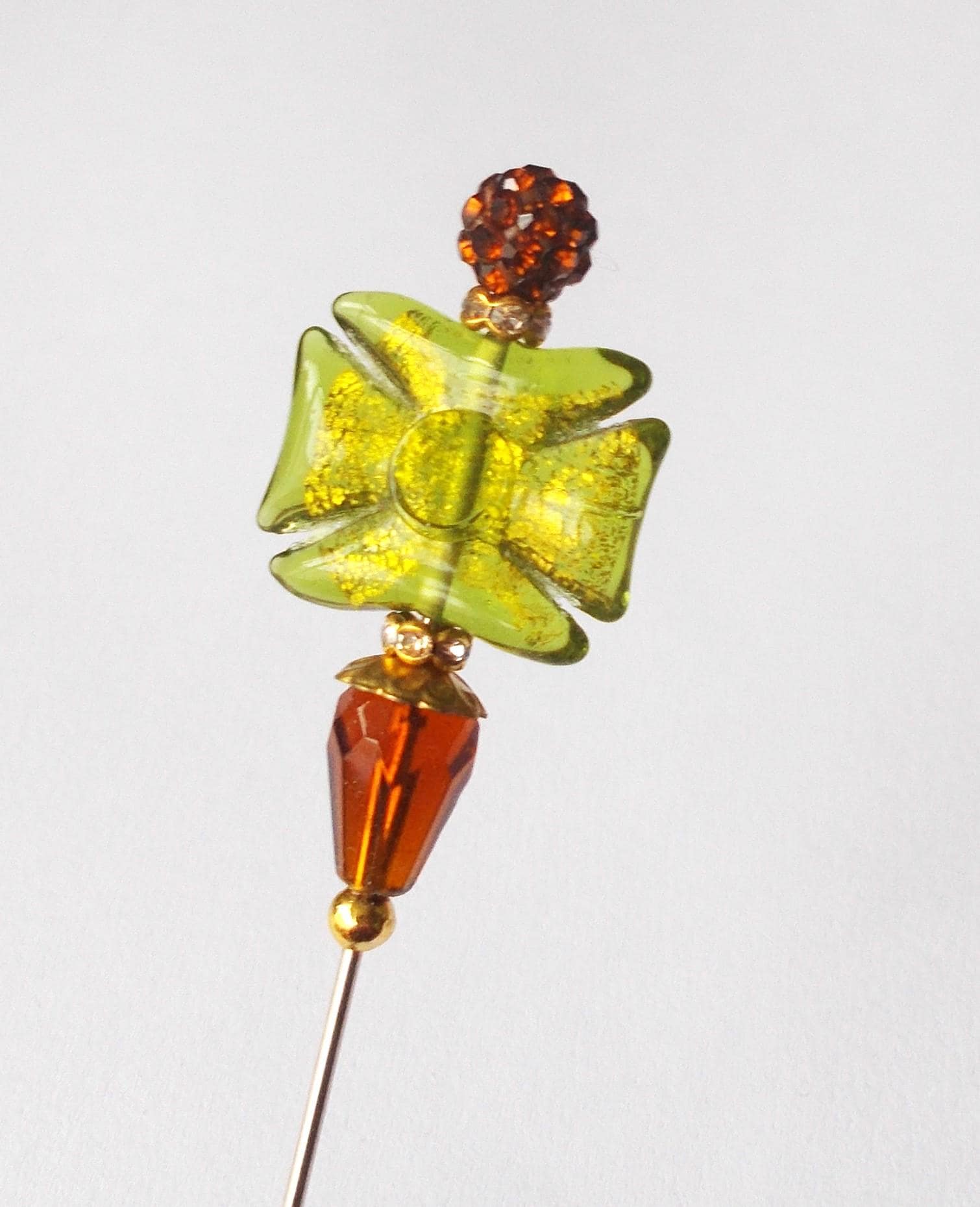 Hatpin - Green and Brown Glass Bead & Gold Coloured - 6 inches - 1mm Diameter Steel Pin. - image 3