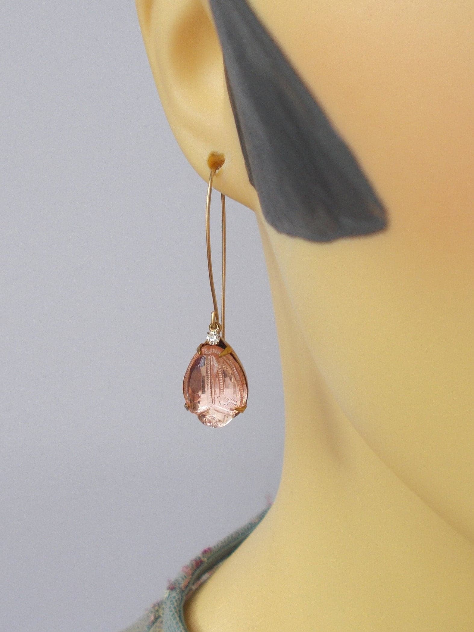 Vintage Pale Pink Scarab Glass Stone Earrings: Brass & Crystal
