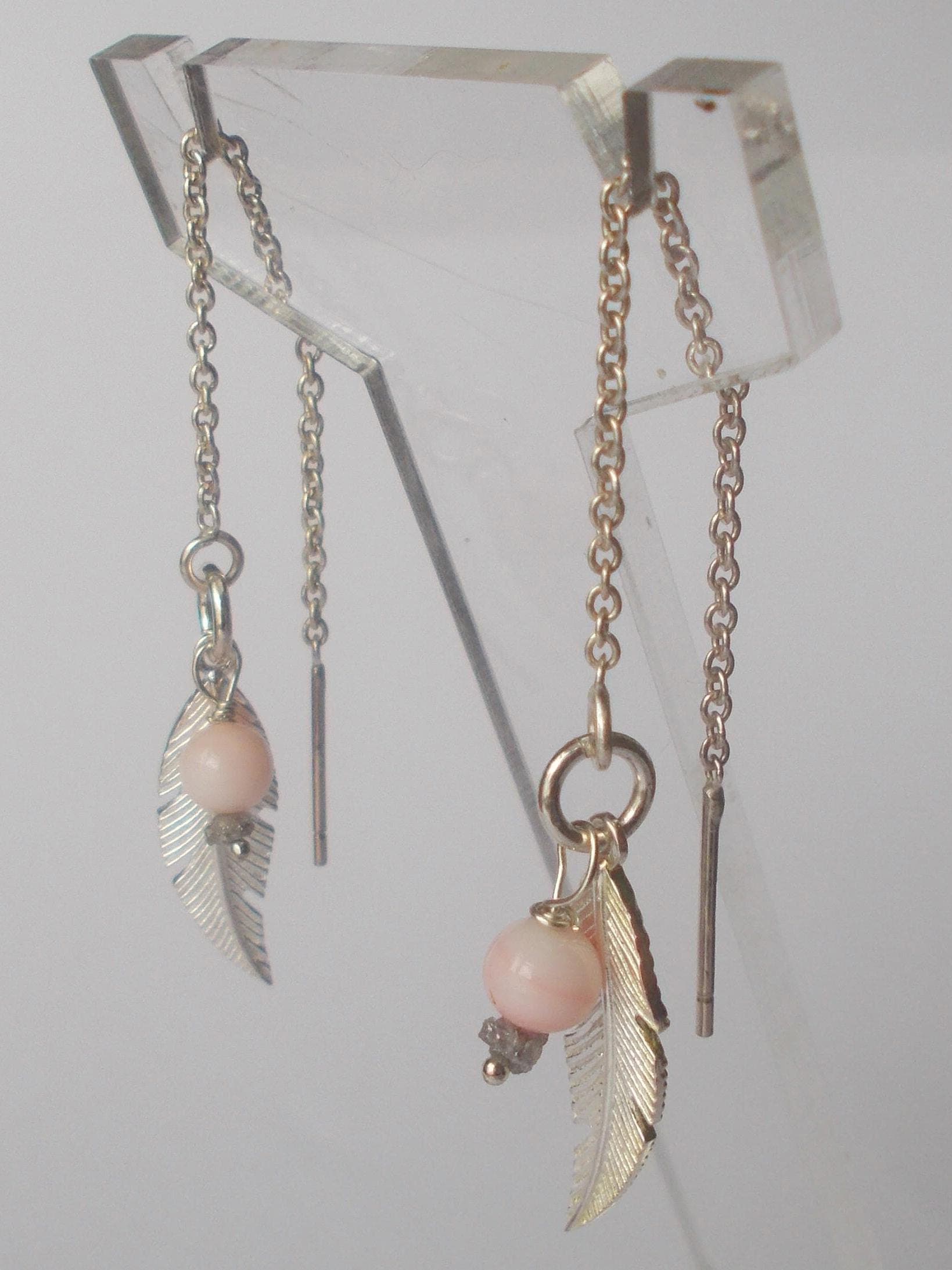 Pale Coral Sterling Silver Threader Earrings: Handmade Feather Dangle - image 3