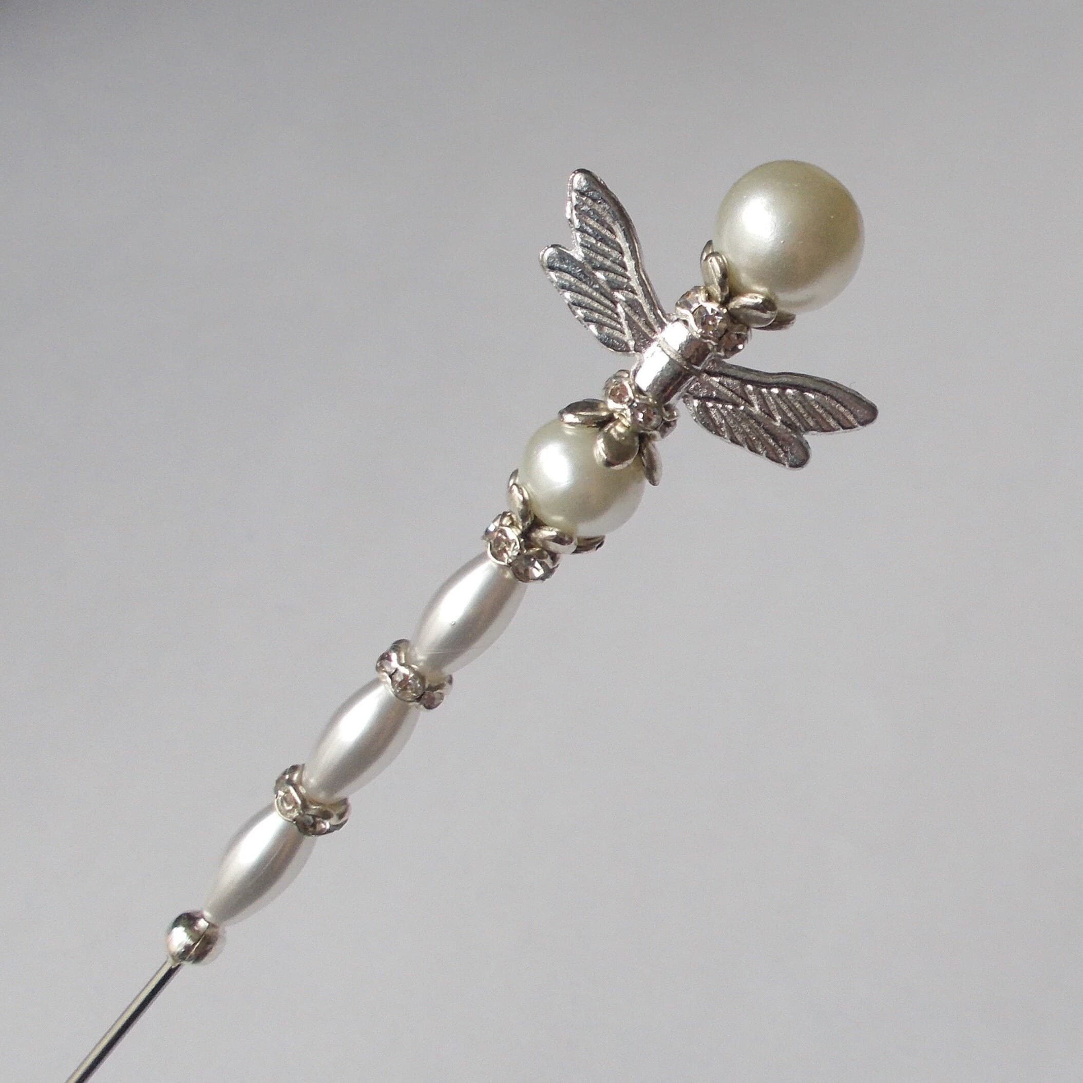 Hatpin - Handmade Faux Pearl Dragonfly Hatpin - Silver Coloured Findings - 7 Inches Long - 1mm Diameter - Gift for Her