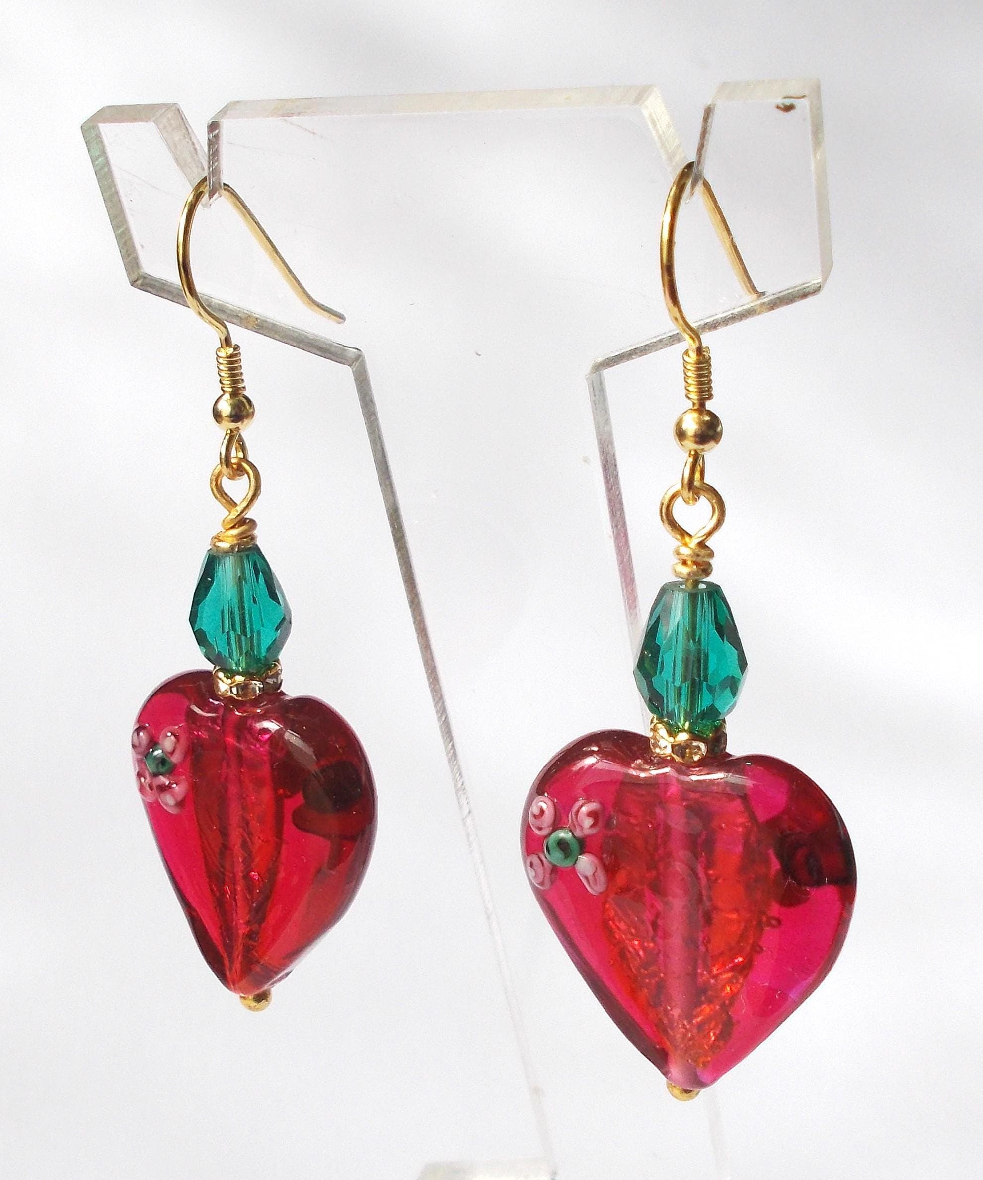 Earrings - Vintage Handmade Red Foil Red Glass Heart Bead Drop Earrings - image 5