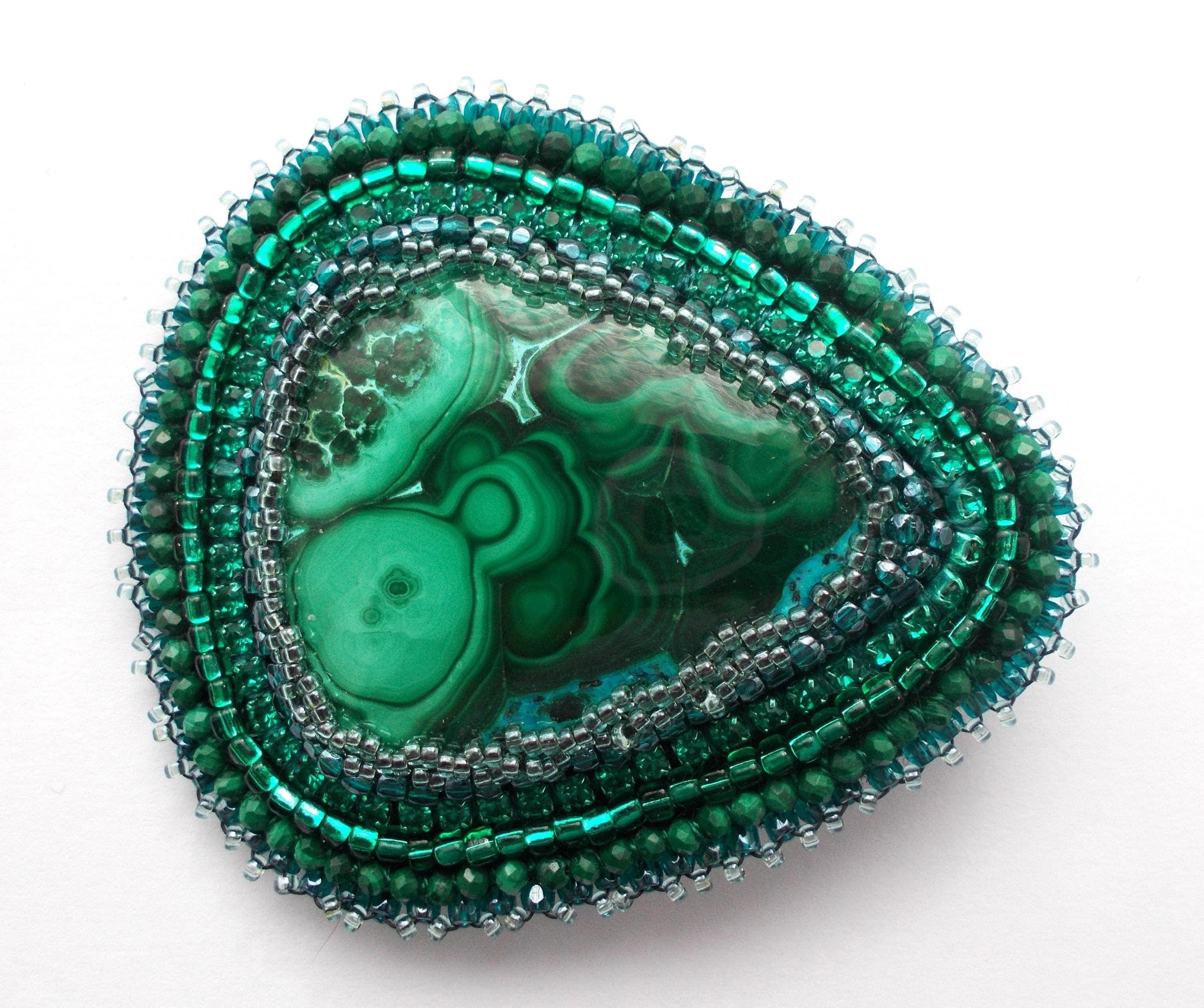 Brooch - Stunning Malachite Cabochon Hand Beaded Brooch. - image 3