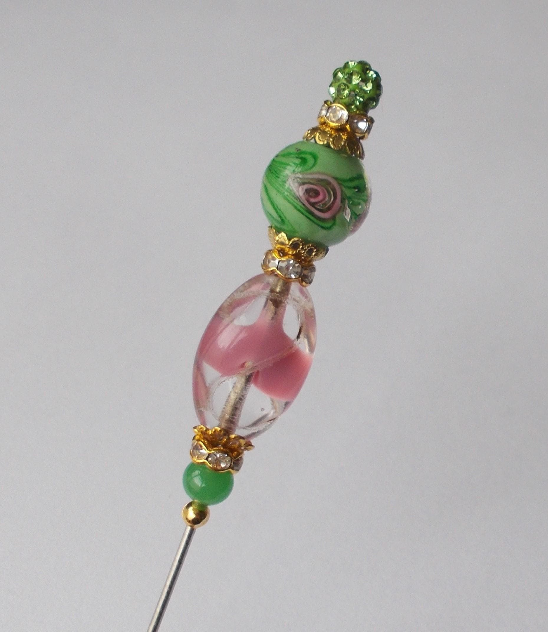 Hatpin - Green and Pink Glass Bead Handmade Hatpin, Gold Coloured Findings, 1.2mm Diameter Steel Pin, 6.25 Inches Long. - image 3