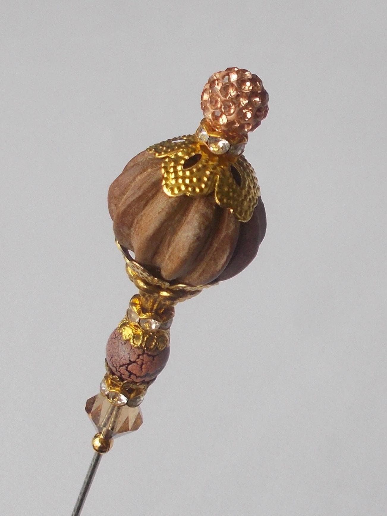 Vintage Style Hatpin: Handmade Wooden Bead & Rhinestone Accent - image 4