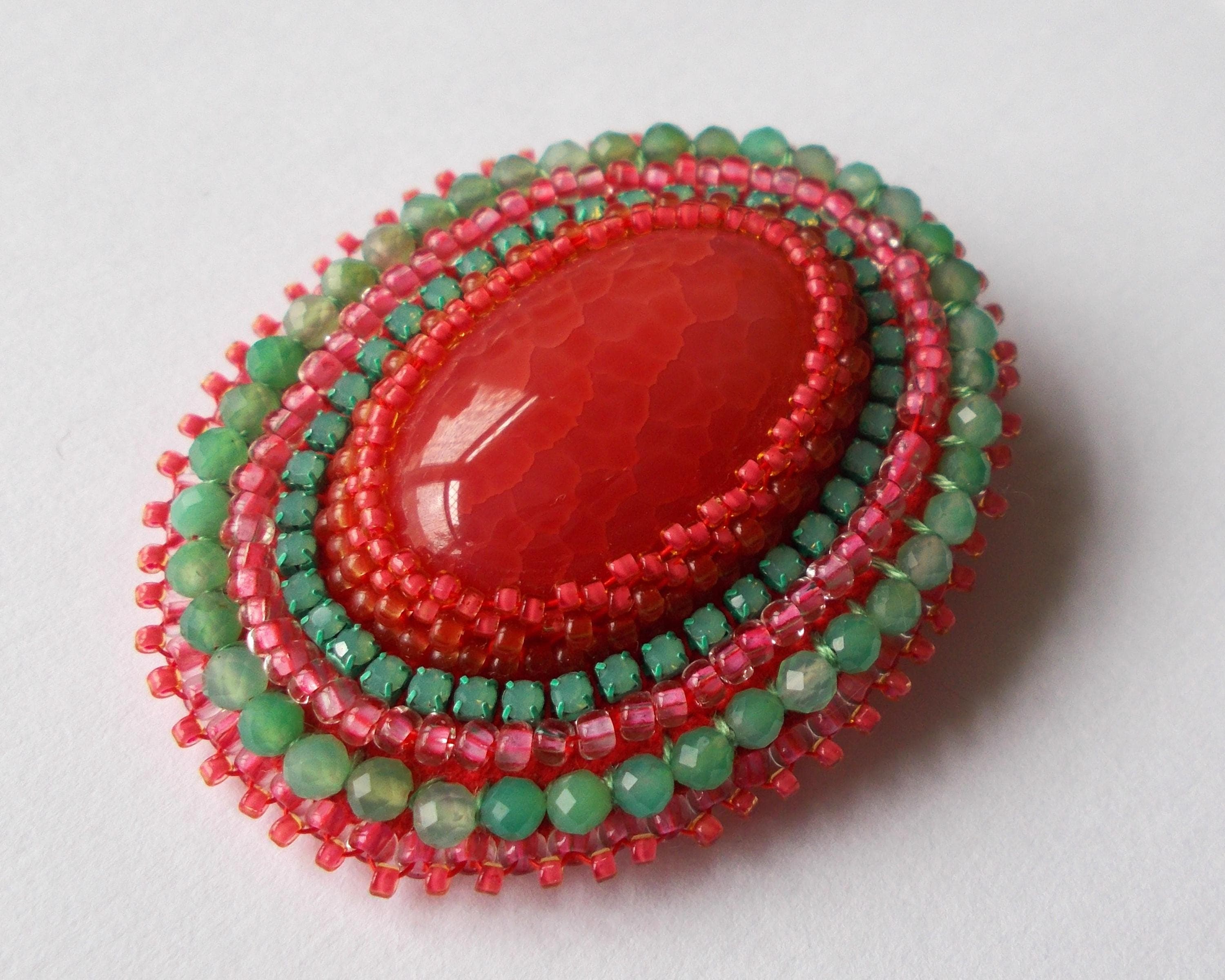 Brooch - Orange Agate Cabochon with Hand Beaded Chrysoprase Gemstones and Beadwork - Gold Colored Pin. - image 3