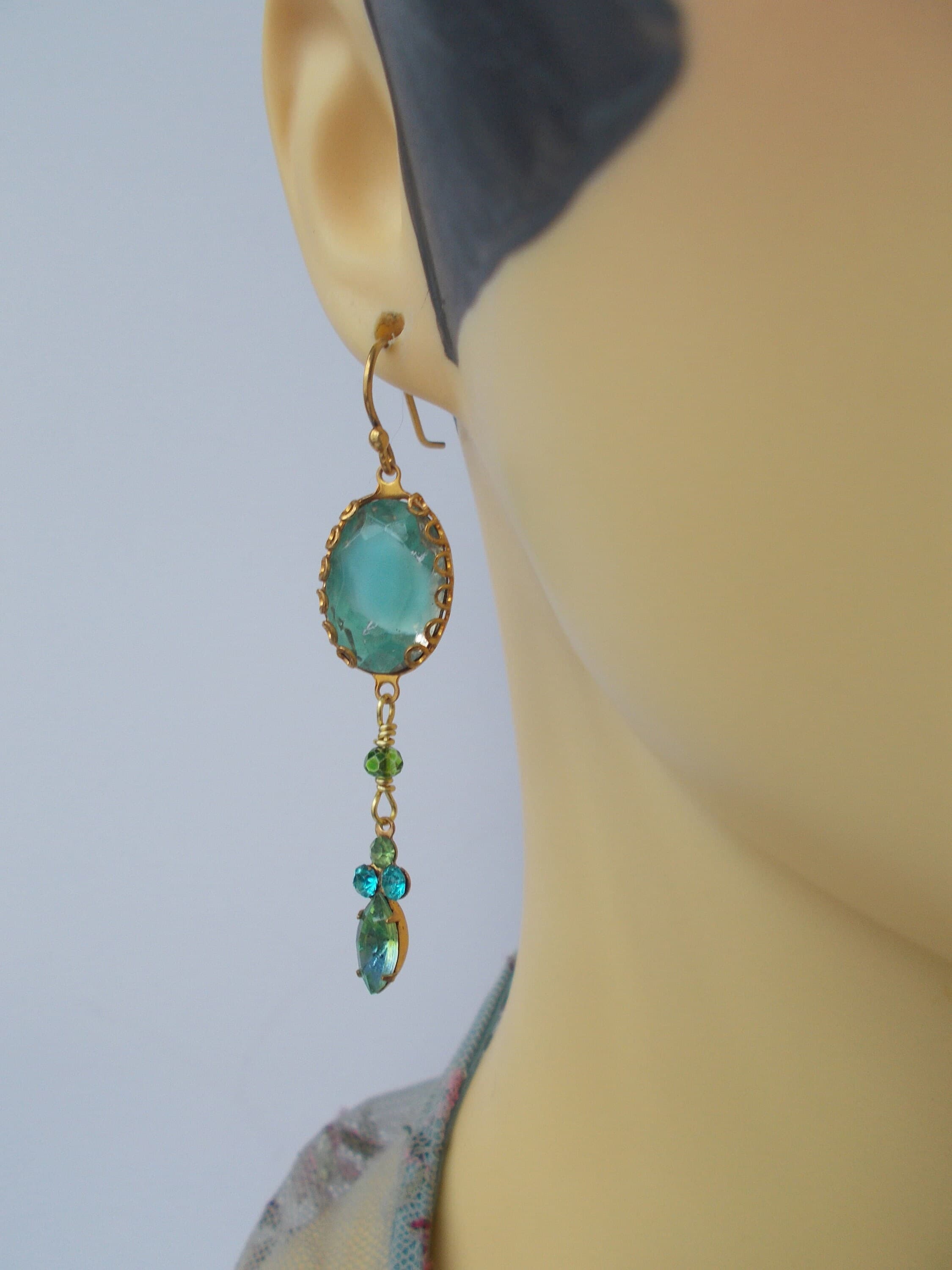 Vintage Aqua Givre Rhinestone Earrings: Gold Vermeil Ear Hooks - image 3