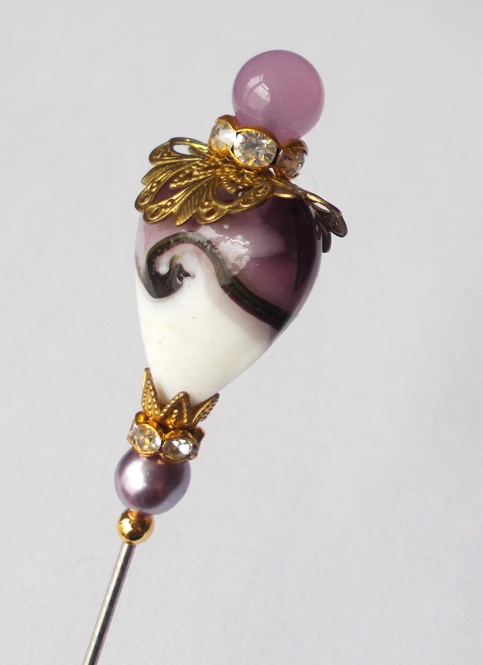 Amethyst Heart Glass Hatpin: Vintage Brass & Rhinestone Accent - image 5