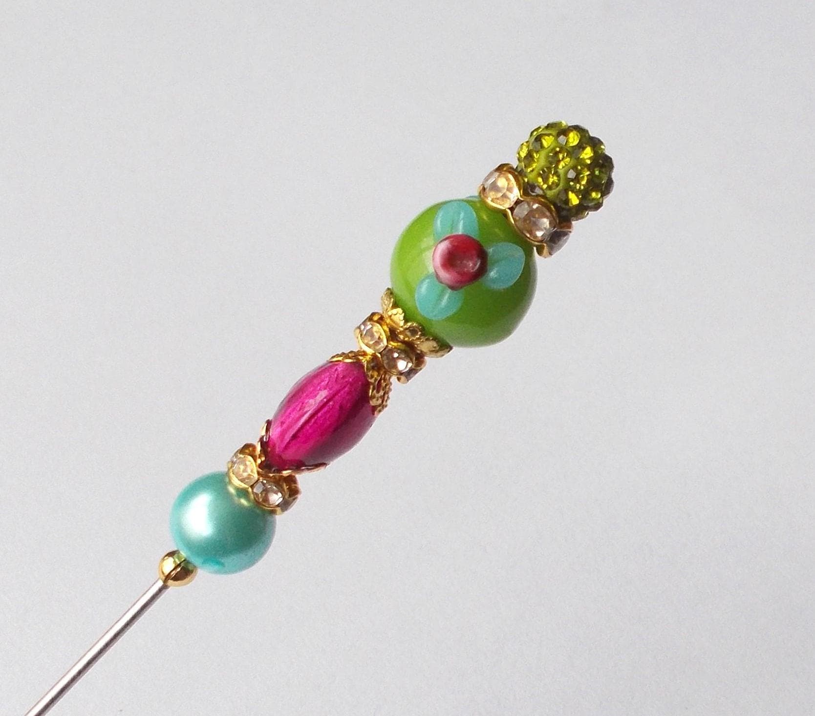 Handmade Glass Bead Hatpin: Green, Fuchsia, and Gold (6.25 inch) - image 4