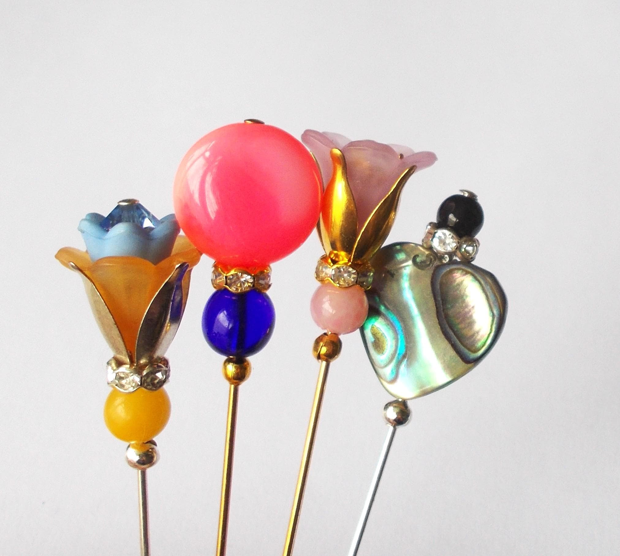 4 Hijab / Lapel / Veil Pins - Handmade Glass / Faux Pearl & Lucite Hat Pins