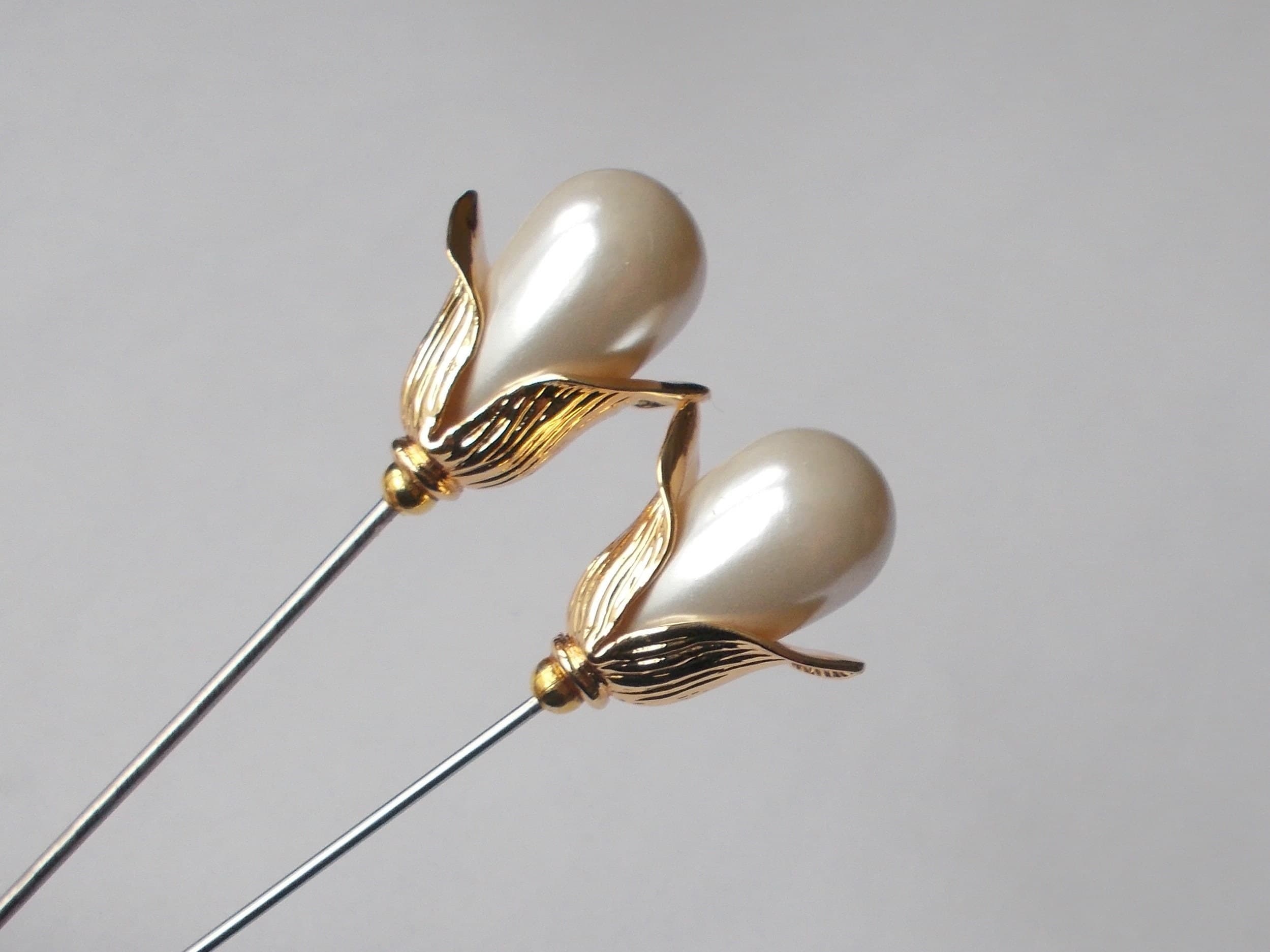 Veil Pin - 3.5 Inch Long Snowdrop Inspired White Faux Pearl Hat Pin/ Veil Pin/ Gold Findings - Handmade 1mm or 1.2mm Diameter Steel Hat Pins