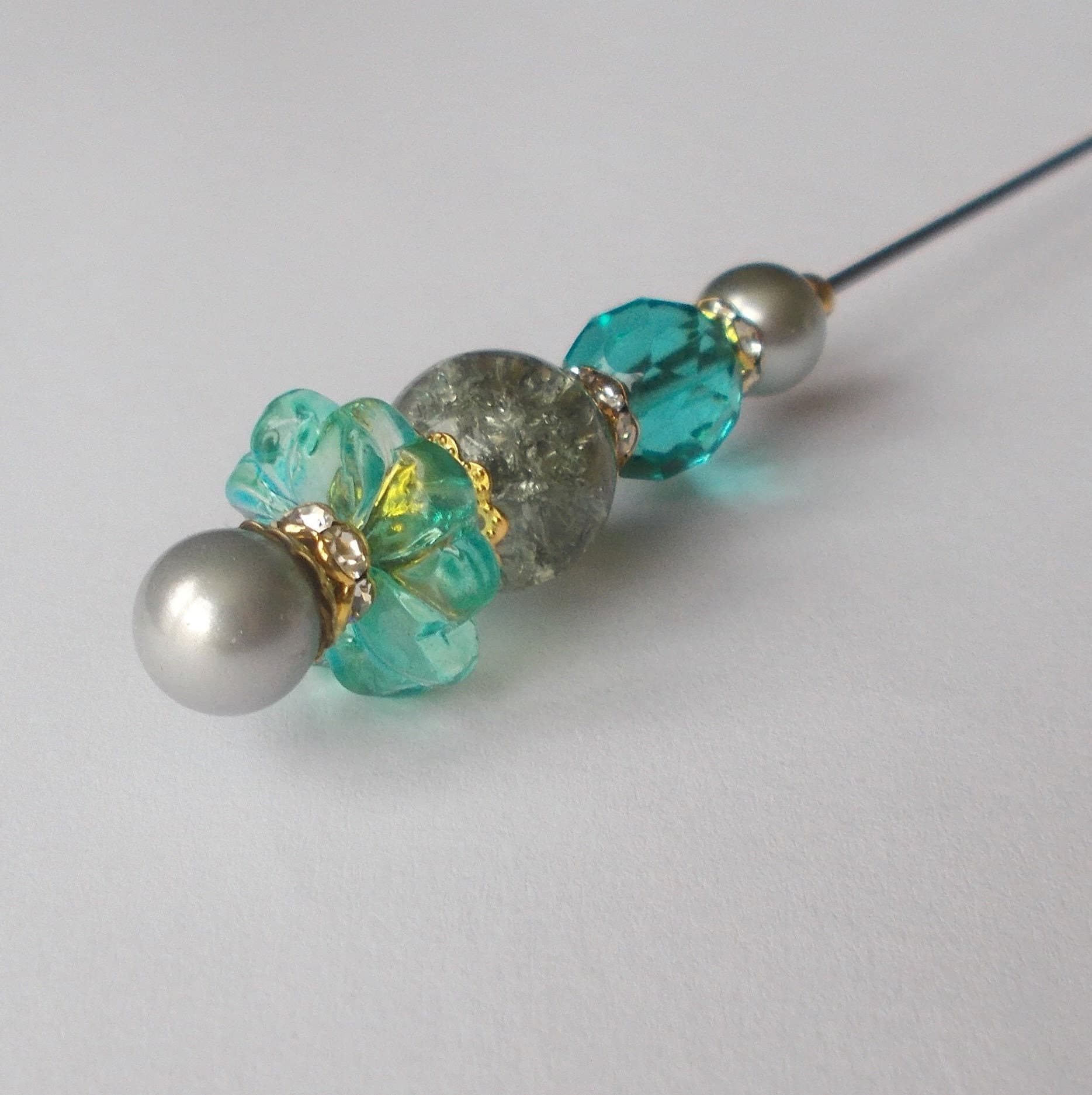 Handmade Hatpin: Grey Faux Pearl & Green Glass Bead, Gold Tone - 7.25"