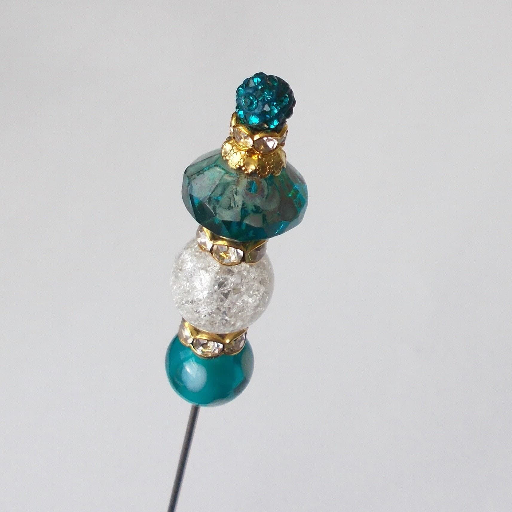 Teal Glass Bead Hatpin: Handmade Antique Style Steel Pin - image 3