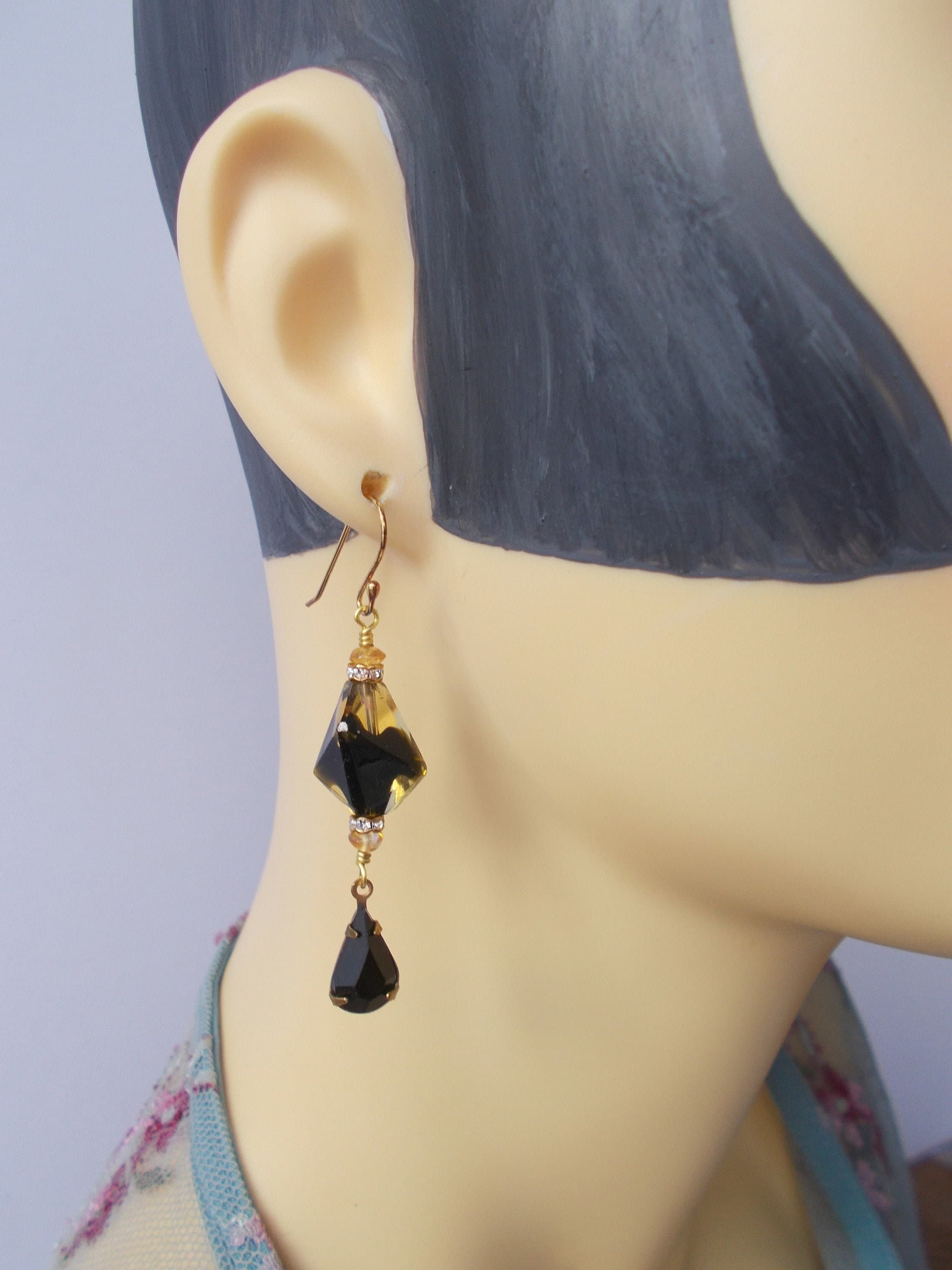 Vintage Glass Bead Earrings: Black Rhinestone Gold Vermeil Dangle Earrings
