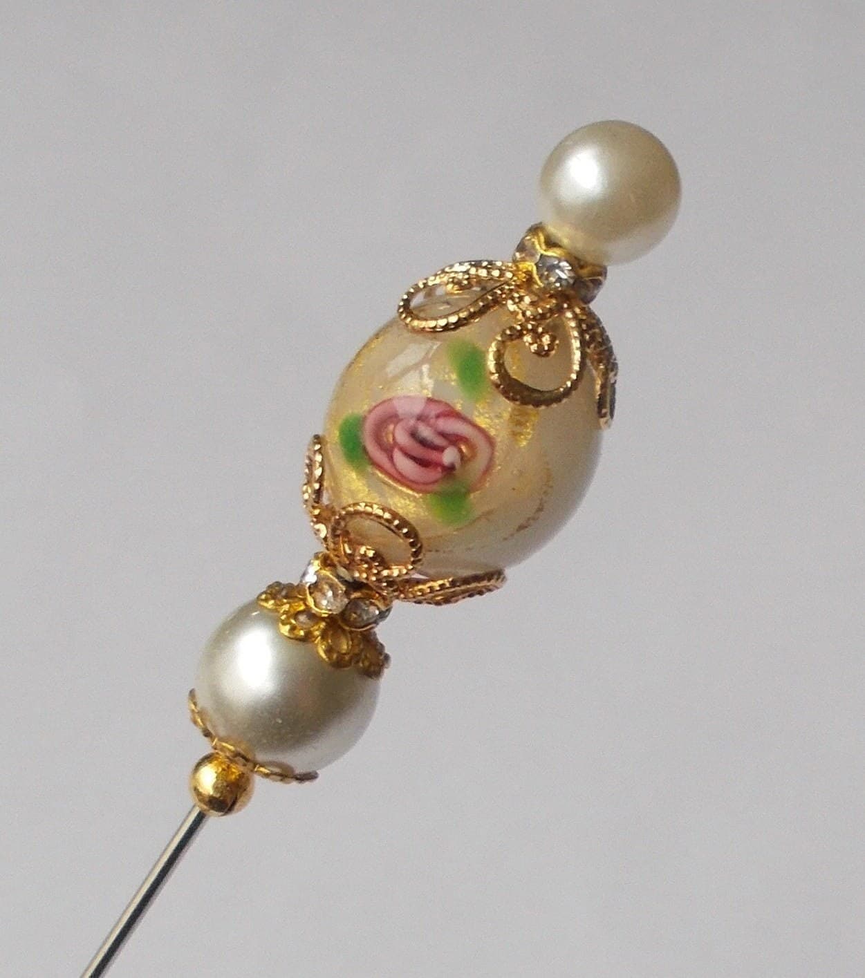 Handmade Faux Pearl Hatpin: Vintage Gold Foil Glass Bead Decoration - image 4
