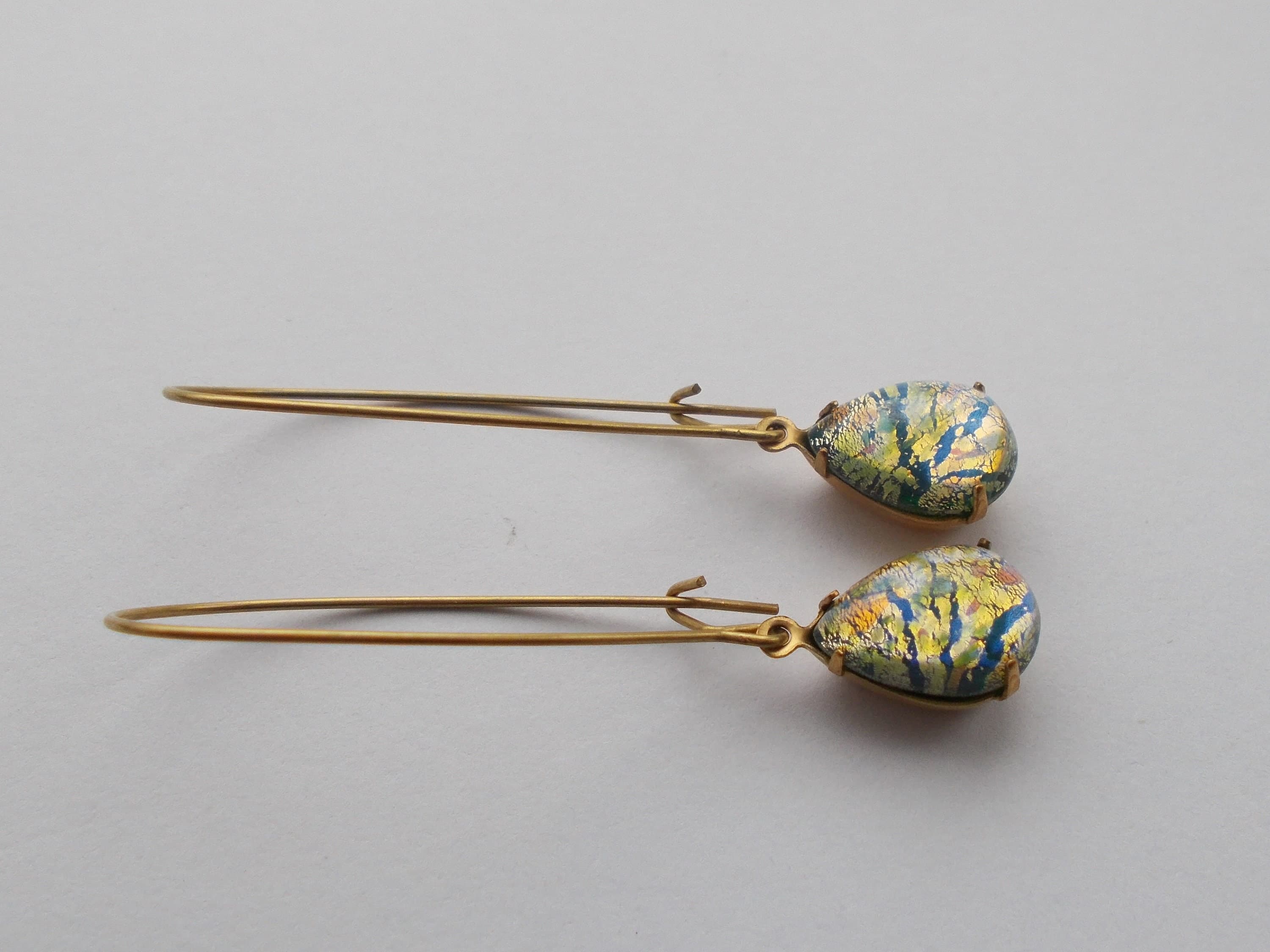 Earrings - Vintage Gold / Green Foil Handmade Brass Long Drop Earrings - image 4