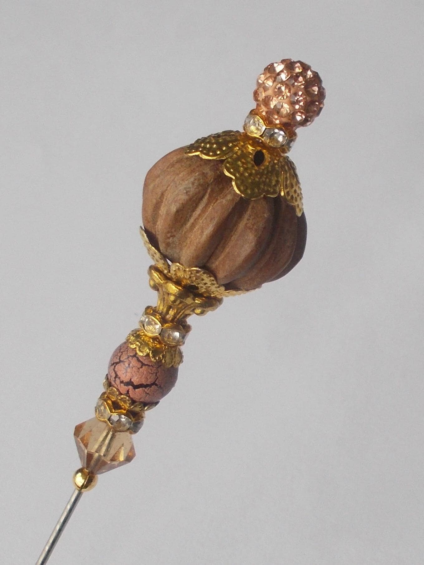Vintage Style Hatpin: Handmade Wooden Bead & Rhinestone Accent - image 5