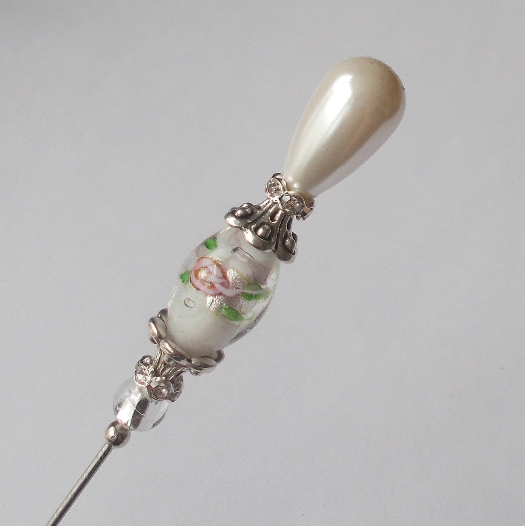 Handmade Faux Pearl Hatpin: White Glass Bead, Silver Tone, 6.5 Inch - image 4