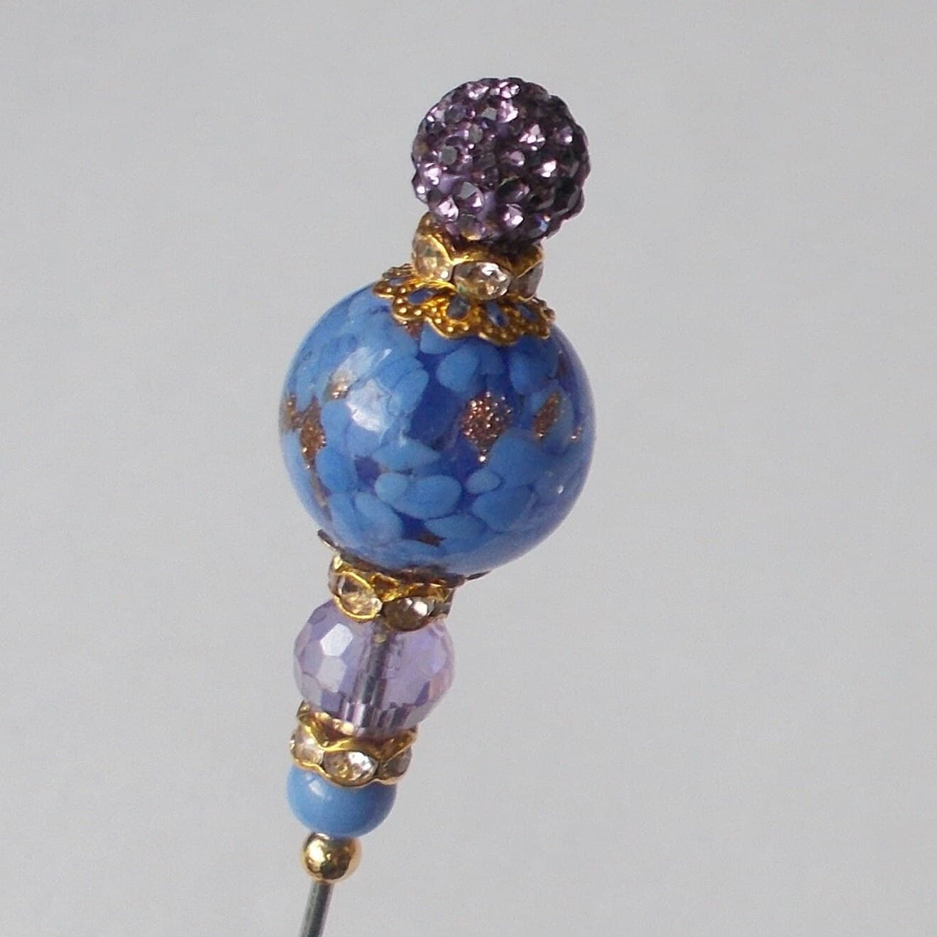 Blue & Gold Sommerso Glass Hatpin - Handmade Lilac Bead Steel Hat Pin - image 4