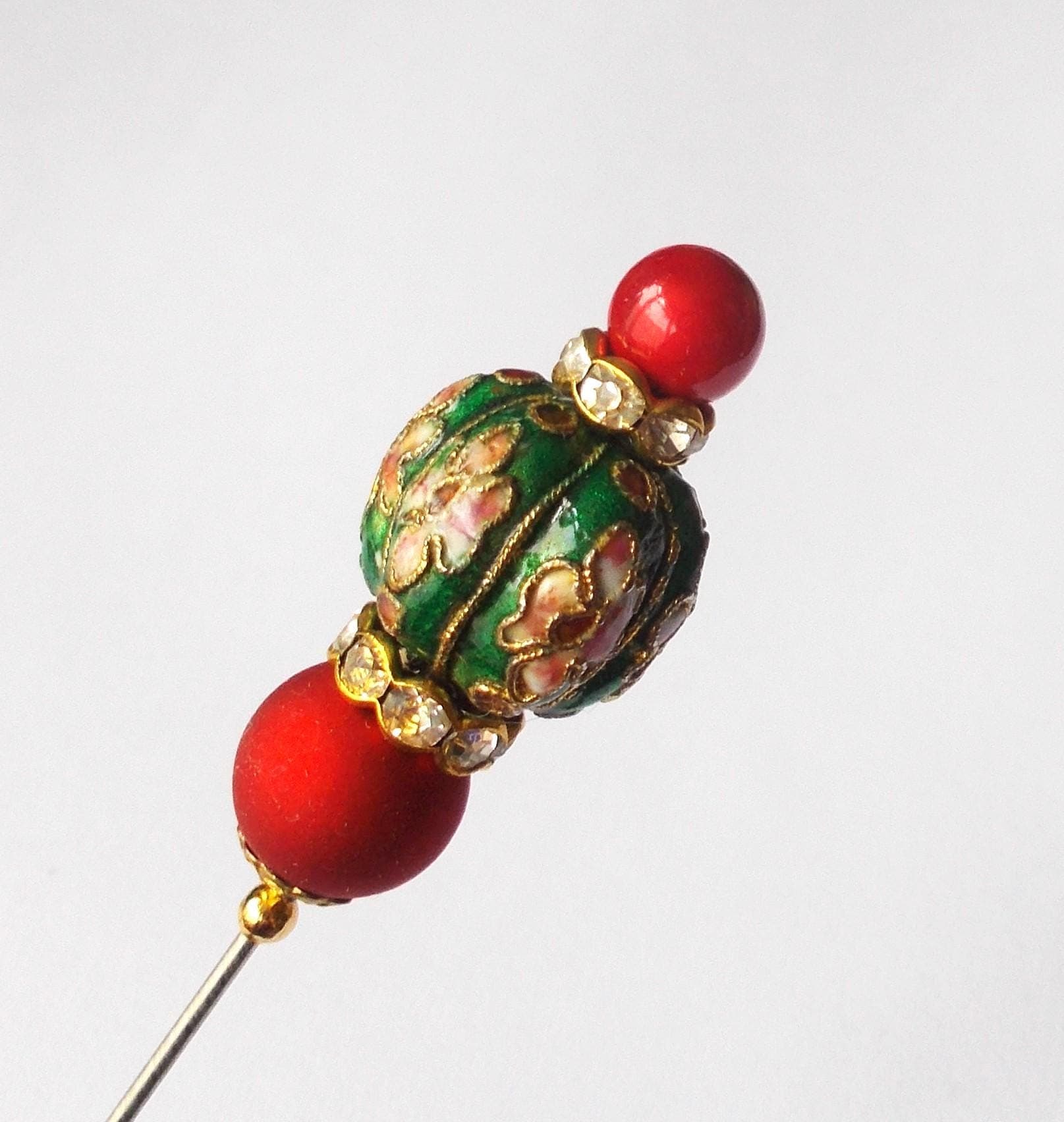 Hatpin - Pretty Handmade Green Cloisonne and Red Lucite 6.5 inches - 1.2mm Diameter Steel Pin