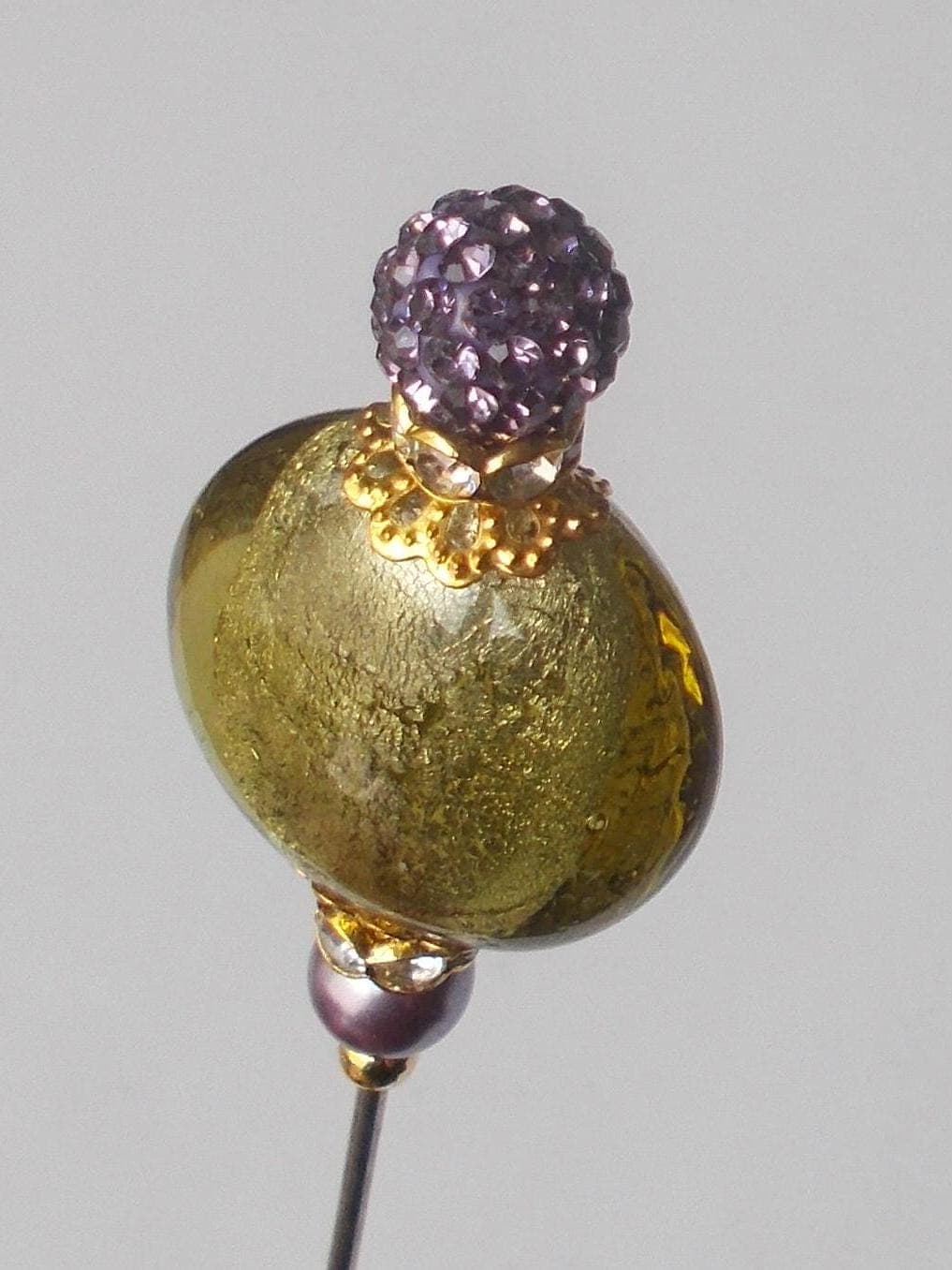 Handmade Pale Green Glass Bead Hatpin: Gold Tone Steel Pin, 6 Inch - image 5