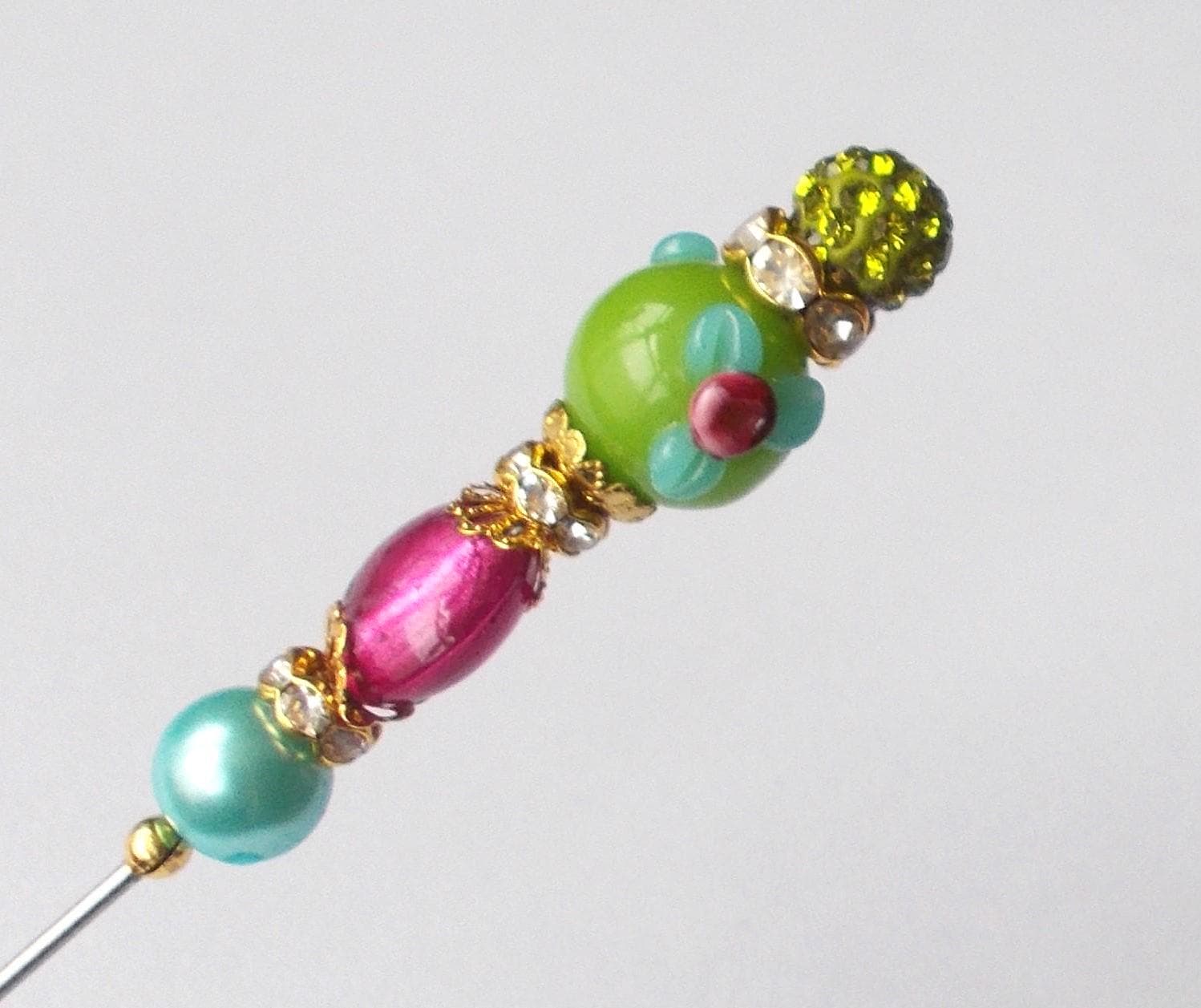 Handmade Glass Bead Hatpin: Green, Fuchsia, and Gold (6.25 inch) - image 3