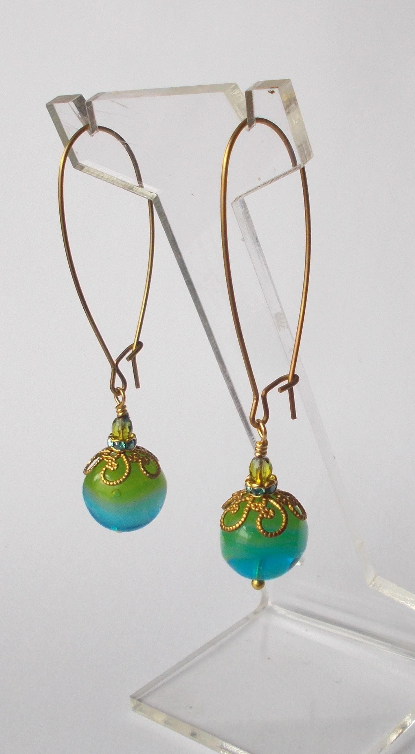 Earrings - Handmade Vintage Green/Blue Glass Stones and Long Brass Finding Earrings - image 3
