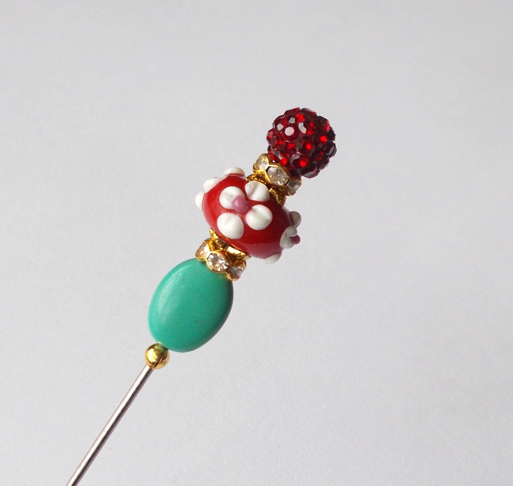 Handmade Hatpin: Green Stone, Red Glass Bead, Gold Tone - 5 Inch