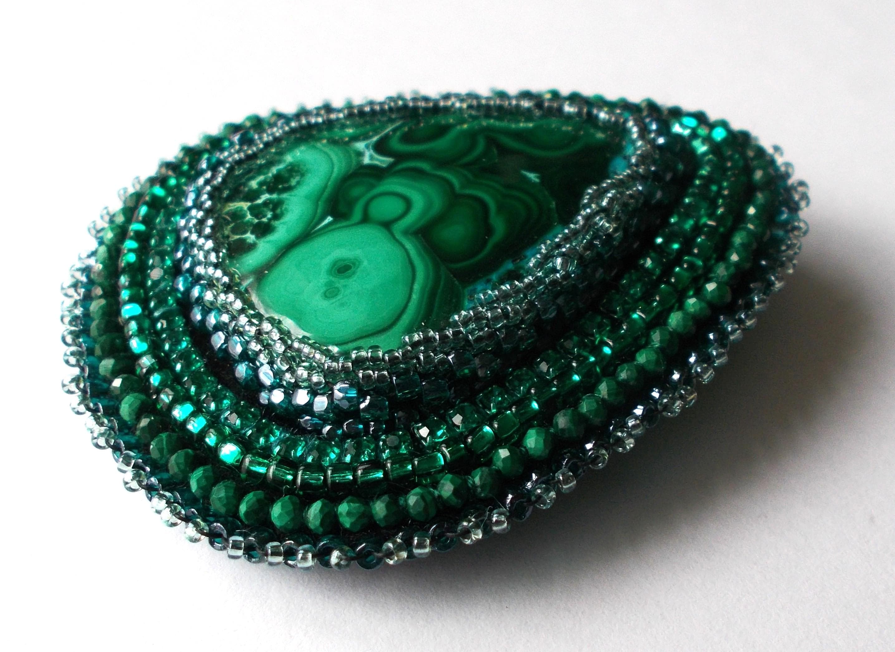 Brooch - Stunning Malachite Cabochon Hand Beaded Brooch. - image 4