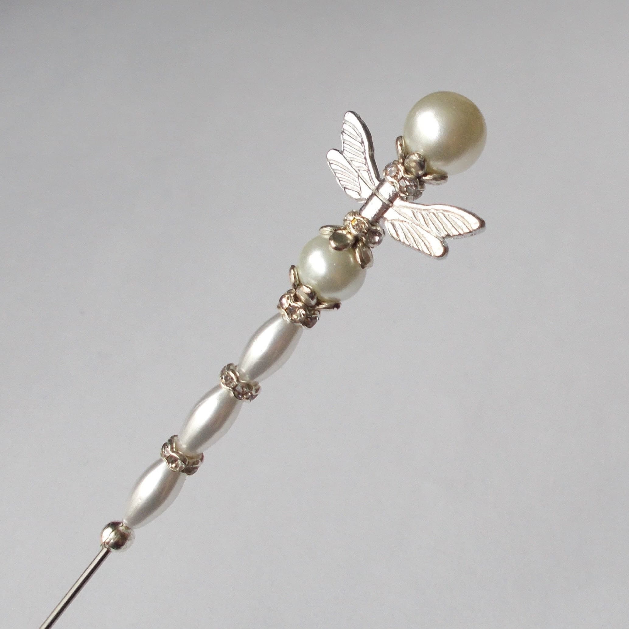 Hatpin - Handmade Faux Pearl Dragonfly Hatpin - Silver Coloured Findings - 7 Inches Long - 1mm Diameter - Gift for Her - image 3