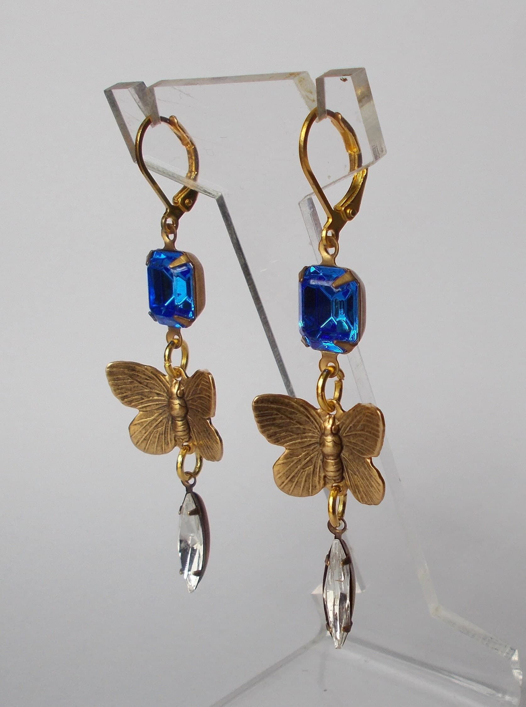 Earrings - Pretty Vintage Blue and Clear Rhinestone Long Earrings, Vintage Brass Butterflies, Gold Coloured Lever Hooks.