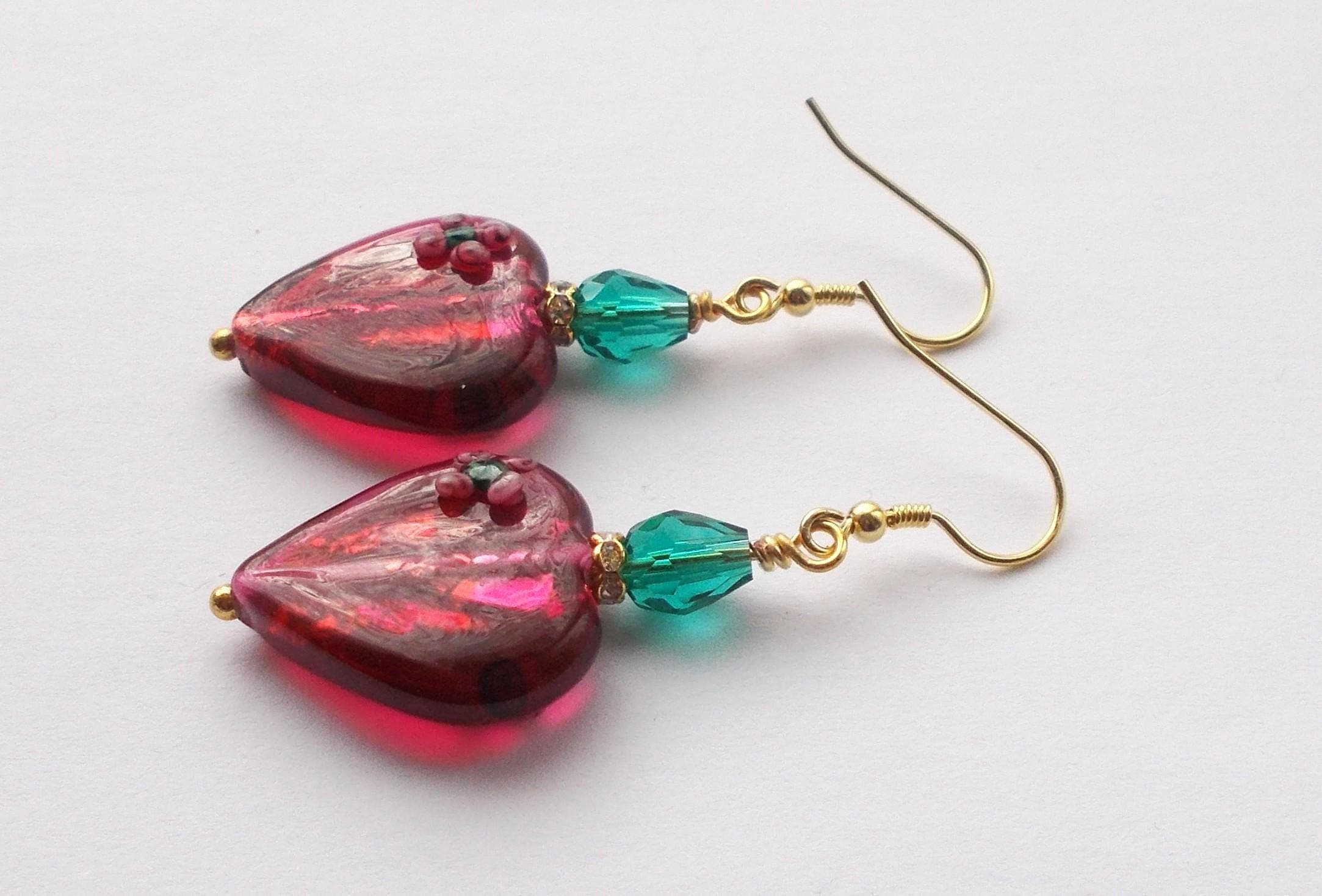 Earrings - Vintage Handmade Red Foil Red Glass Heart Bead Drop Earrings - image 4