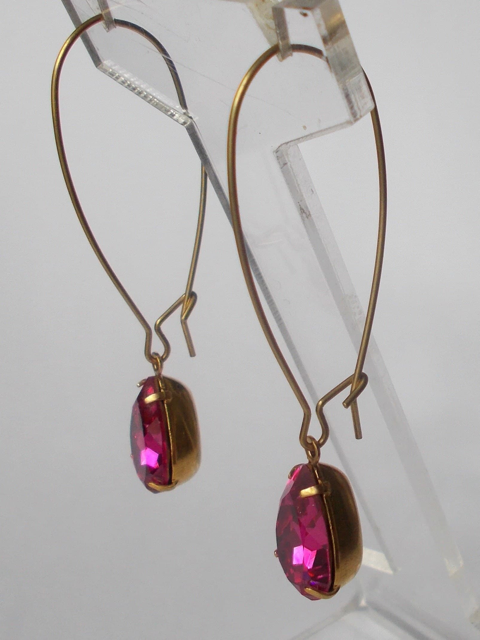 Earrings - Vintage Fuchsia Pink Rhinestone Glass Earrings with Long Brass Ear Hooks - Gift for Her - image 5