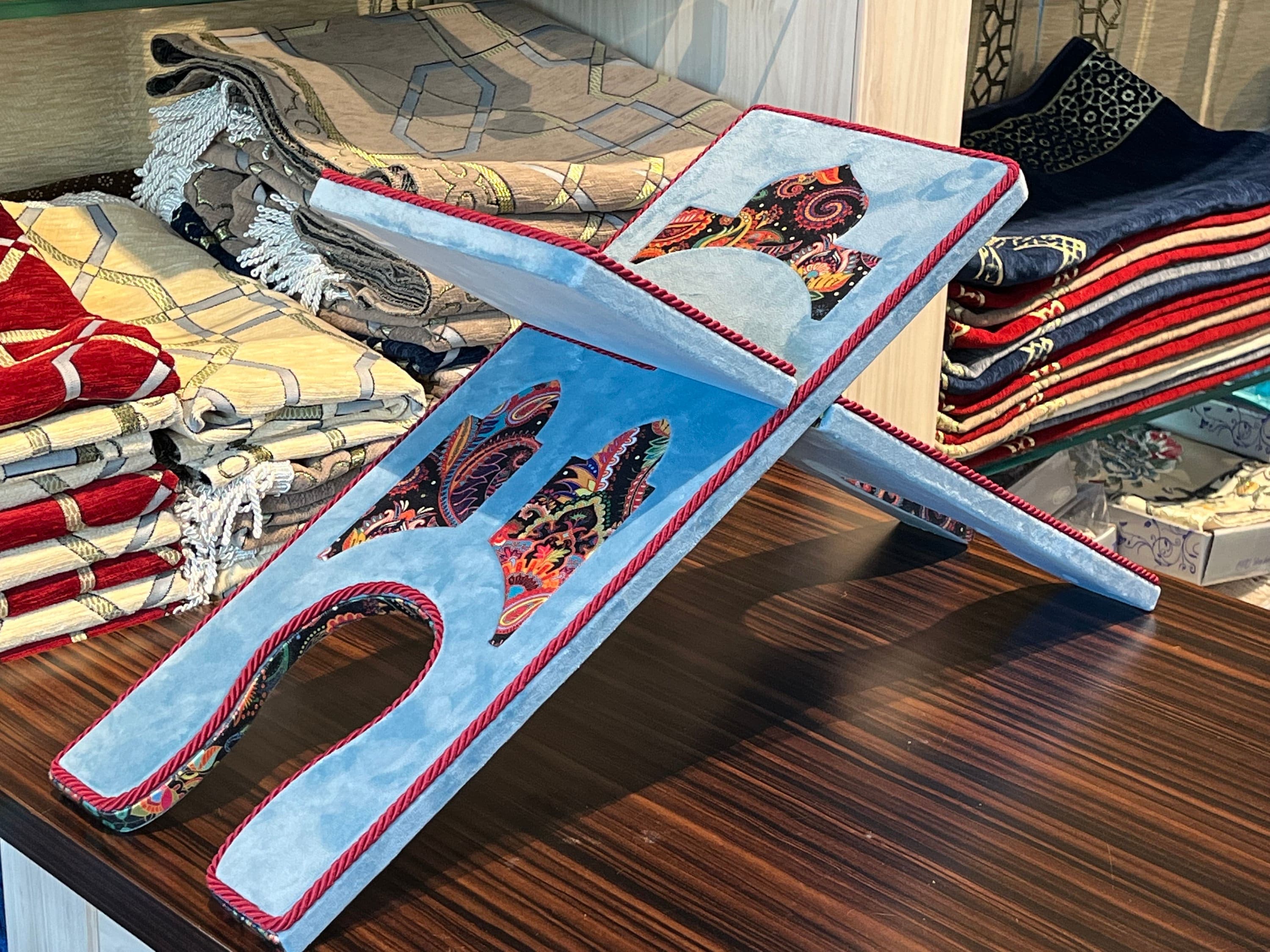 Blue Velvet Cover Holy Quran Reading Desk | Quran Holder Book Stand Rihal Rehal | Wooden Quran Stand Lectern | Islamic Gift