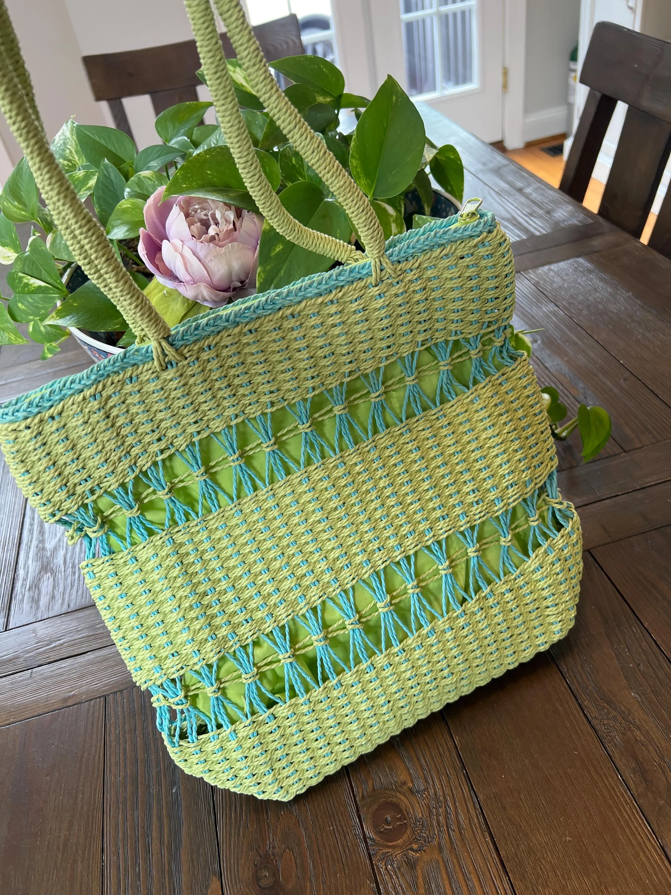 Lime Green & Aqua paper woven summer bag