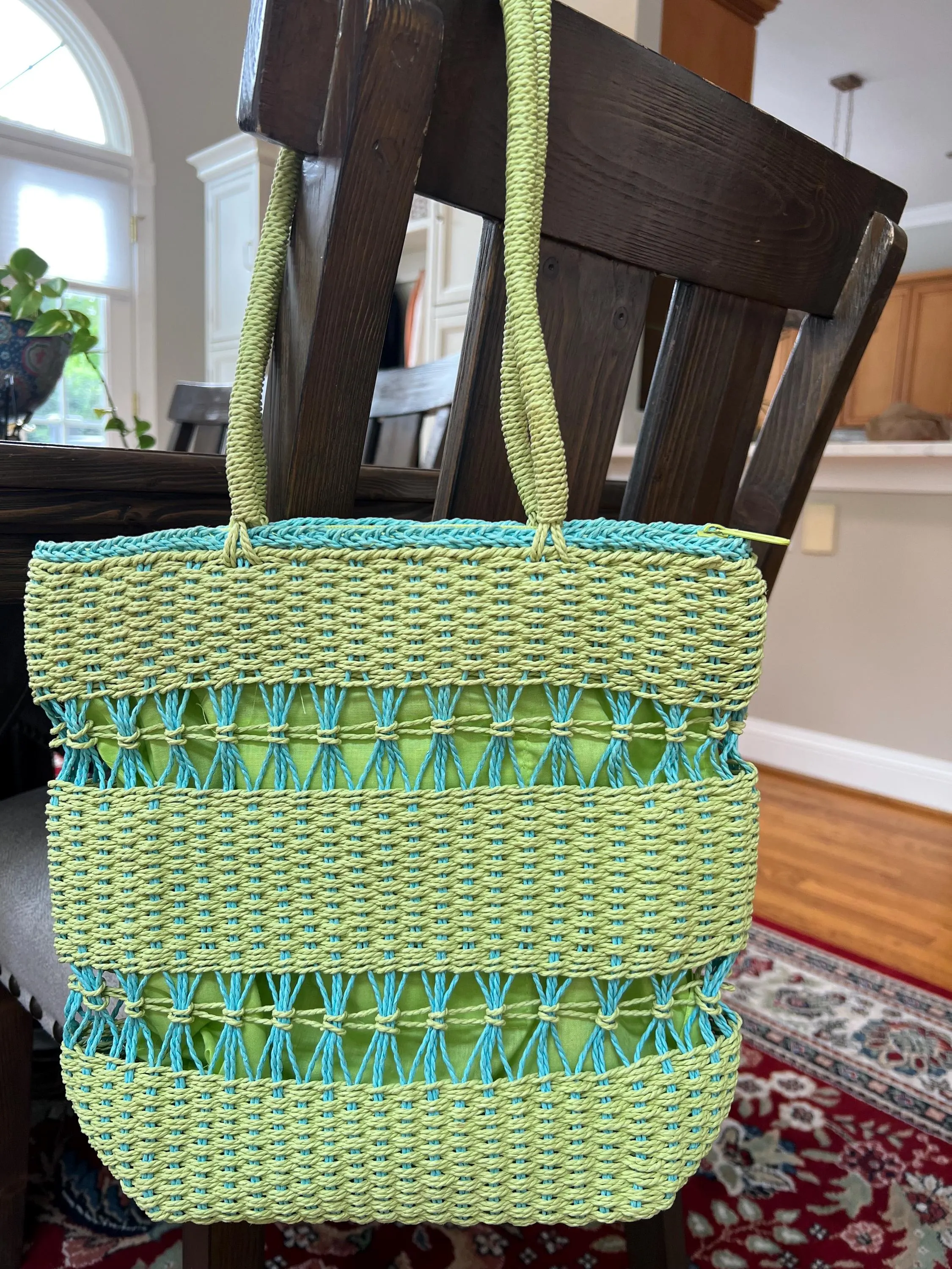 Lime Green & Aqua paper woven summer bag - image 2