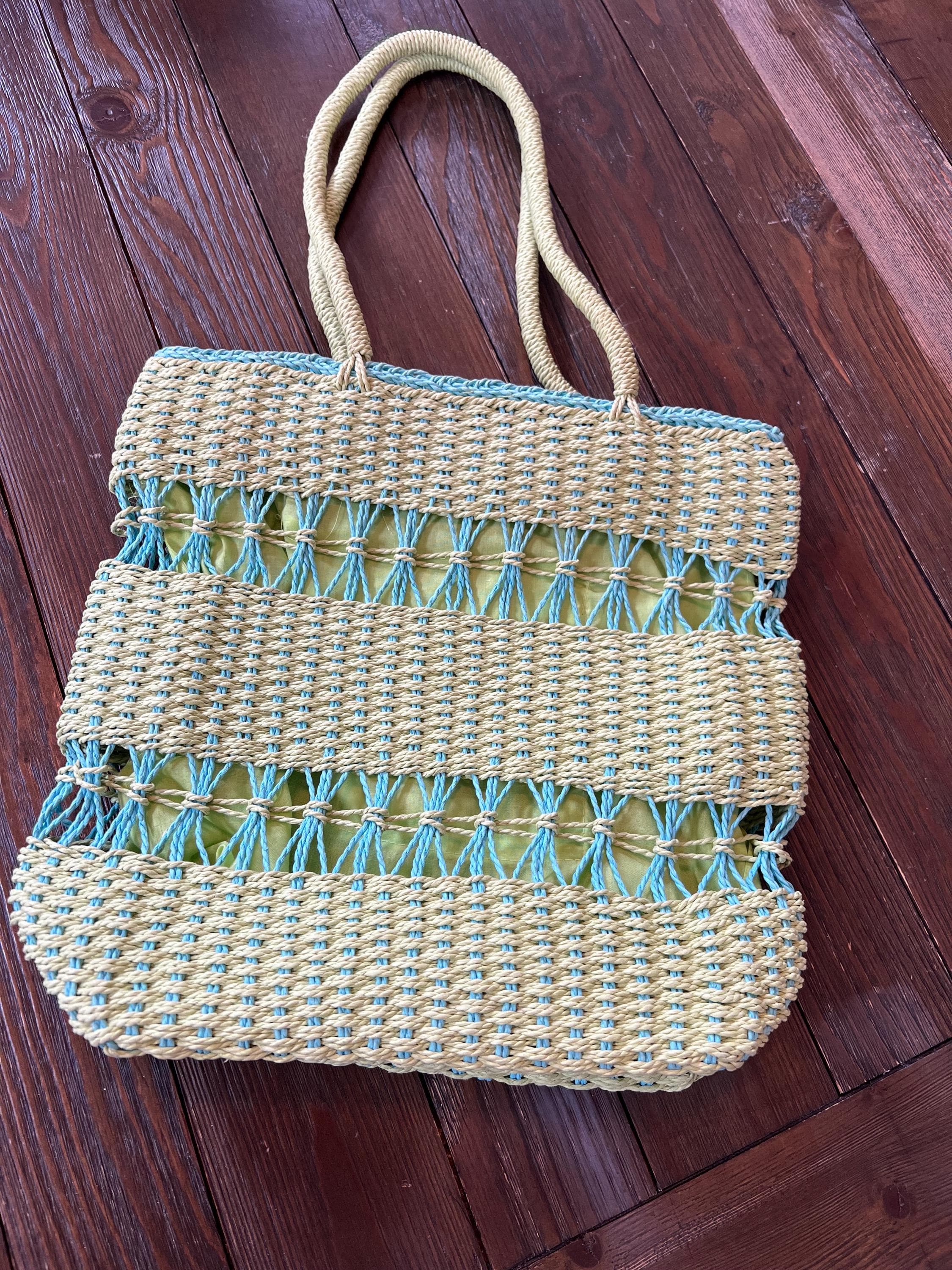Lime Green & Aqua paper woven summer bag - image 3