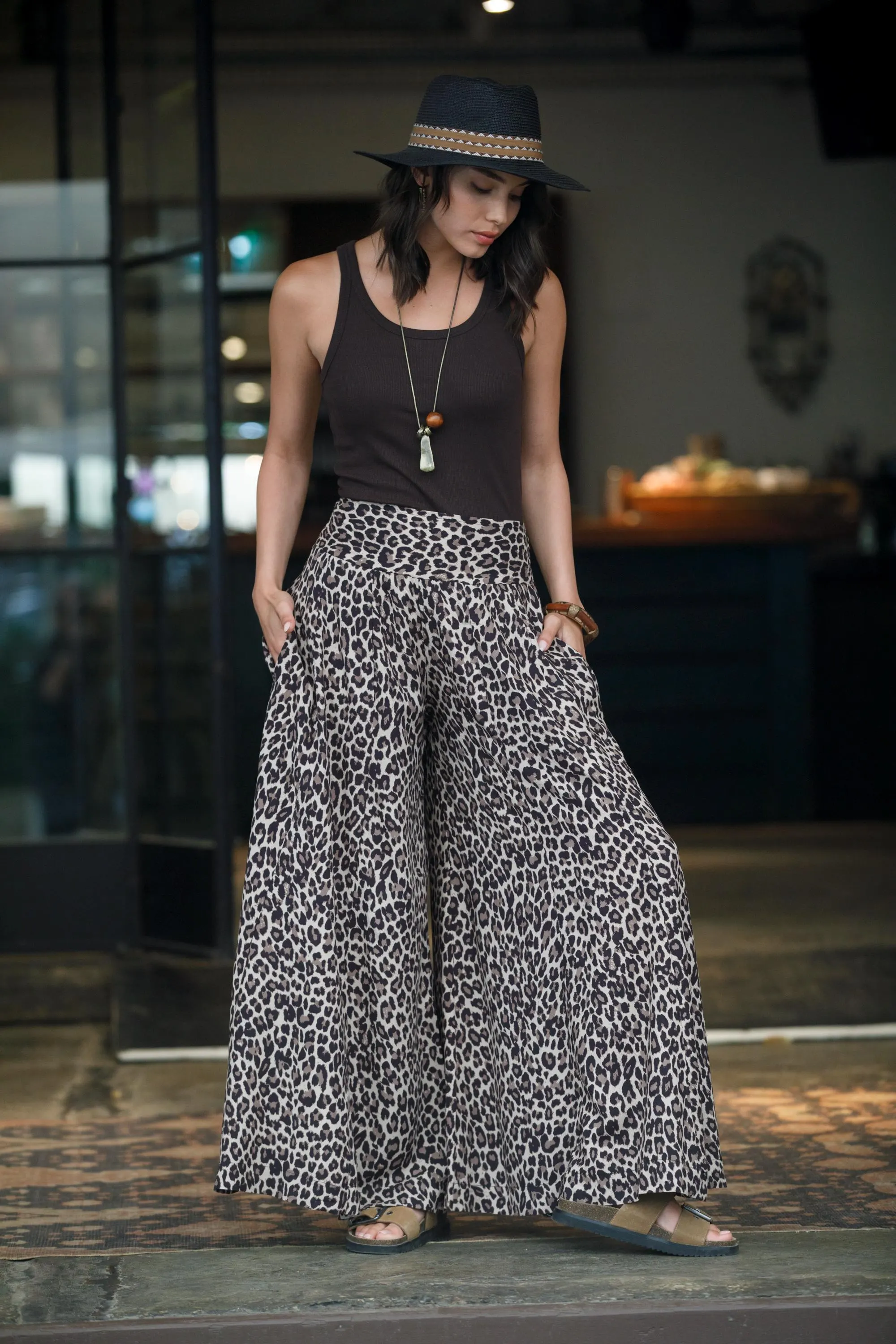 Boho Skirt Pants, Wide Leg Palazzo Pants, Black Beige Printed Pants, Flowy Resort Pants, High Waist Bohemian Trousers - image 3