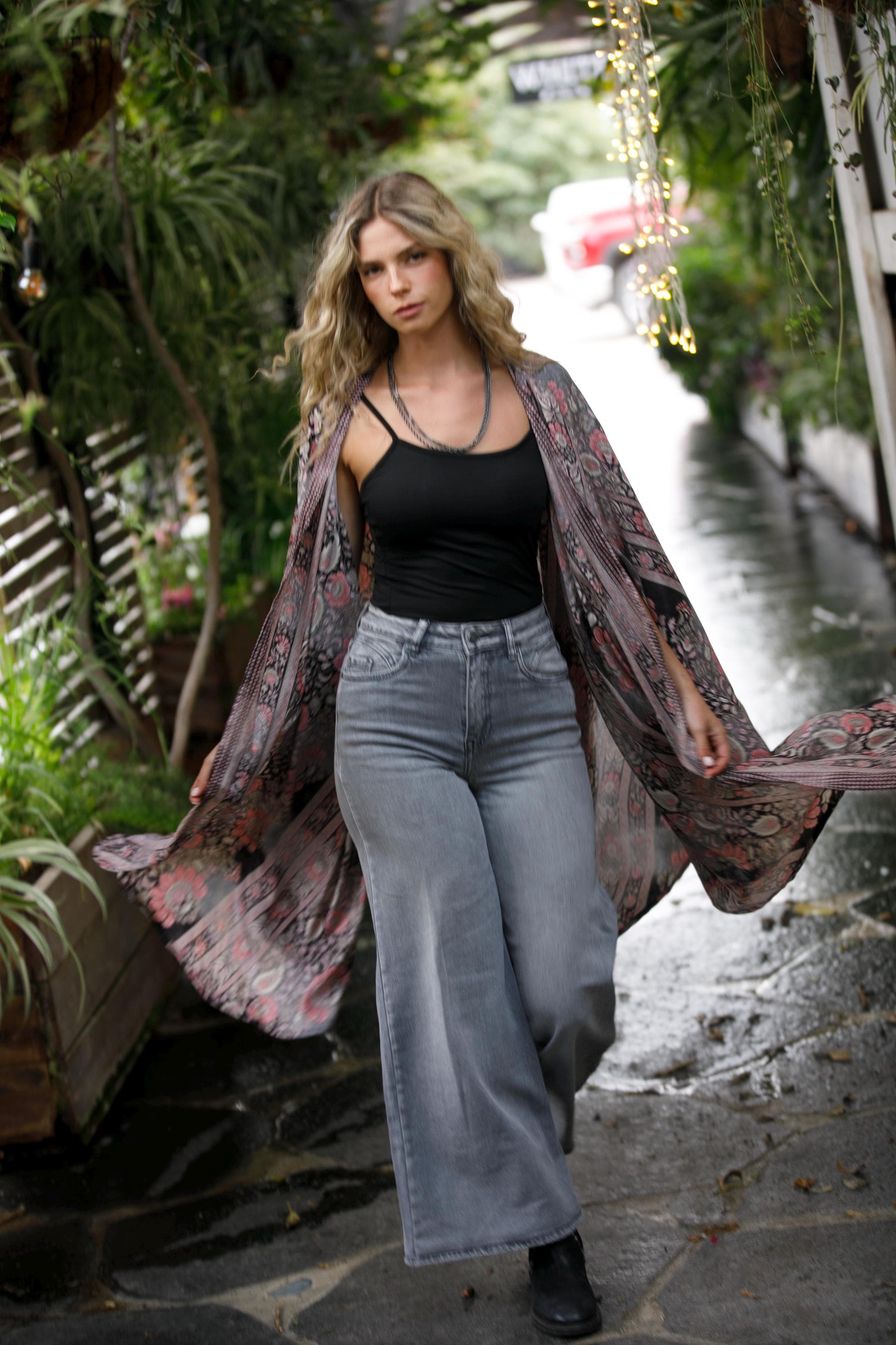 Black & Pink Boho Chic Stylish Kimono Robe, Silky Flared Oversized Kimono Festival Summer Cover Up - image 5