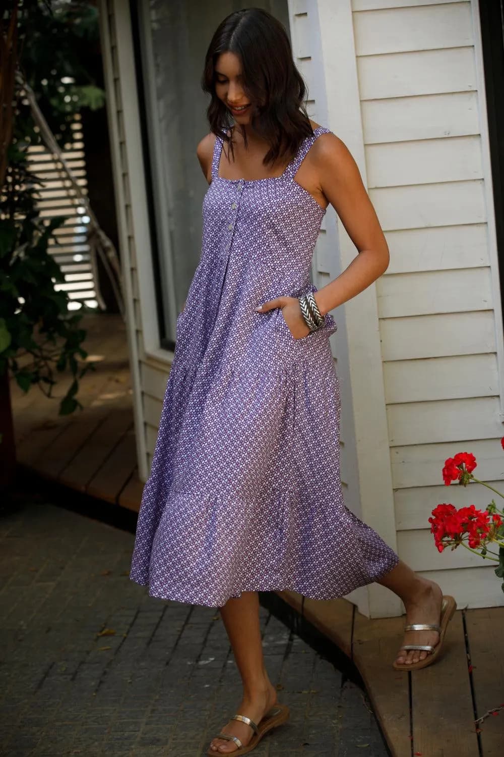 Lavender Gingham Midi Dress, Cottagecore Sundress, Square Neck Summer Dress, Boho Vacation Dress, Sleeveless Dress - image 4