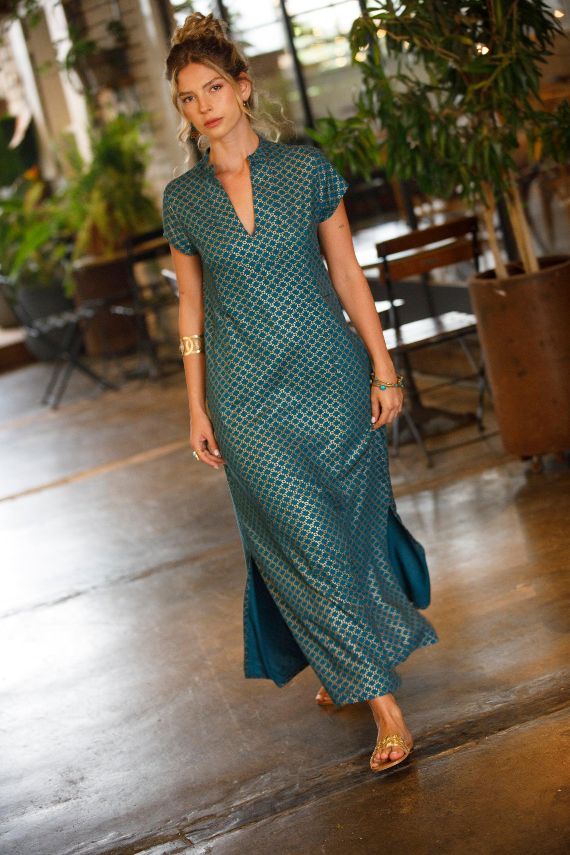 Teal and Gold Viscose Kaftan Maxi Dress with Pockets, Short Sleeves – Noor