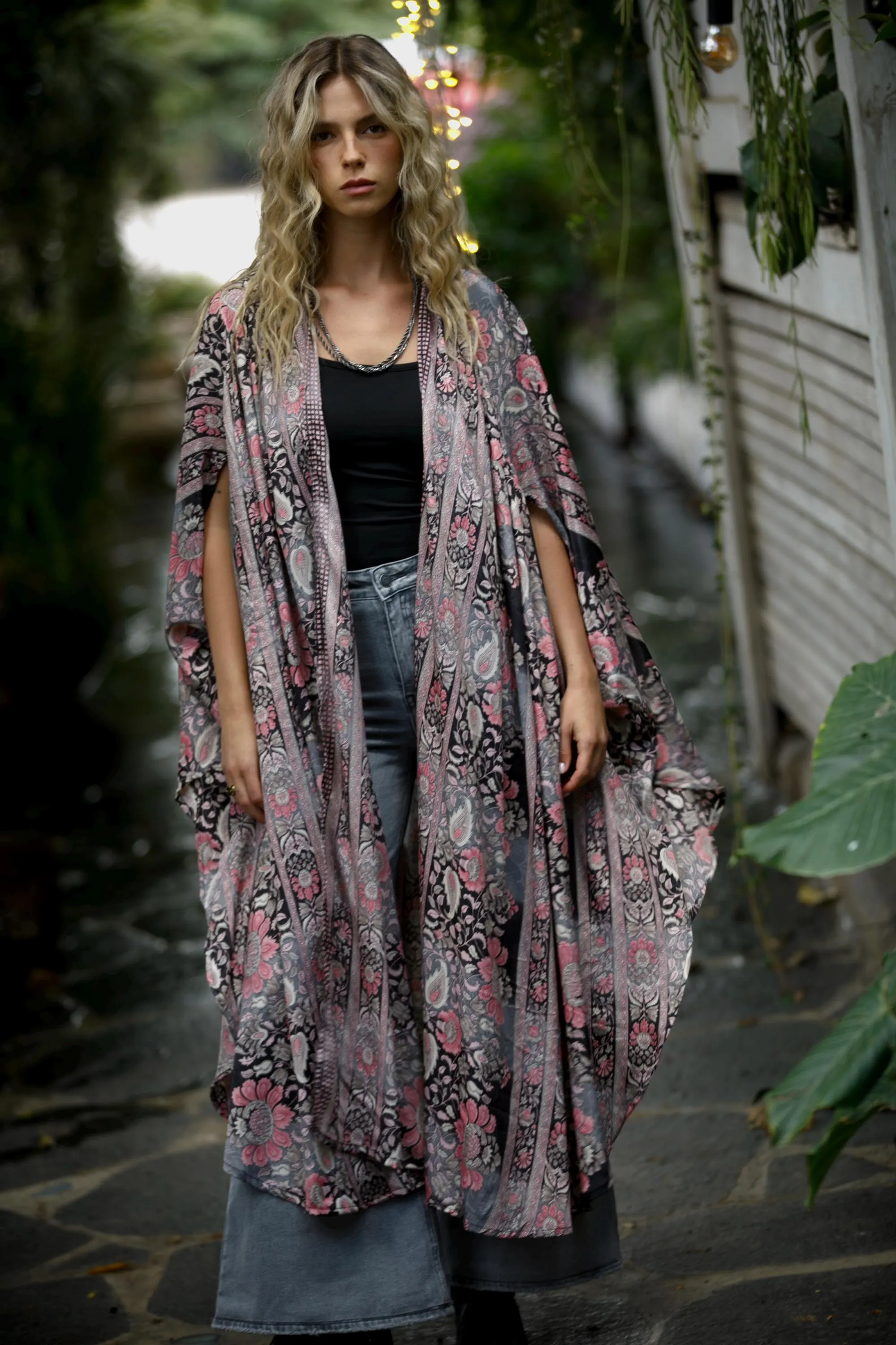 Black & Pink Boho Chic Stylish Kimono Robe, Silky Flared Oversized Kimono Festival Summer Cover Up - image 4