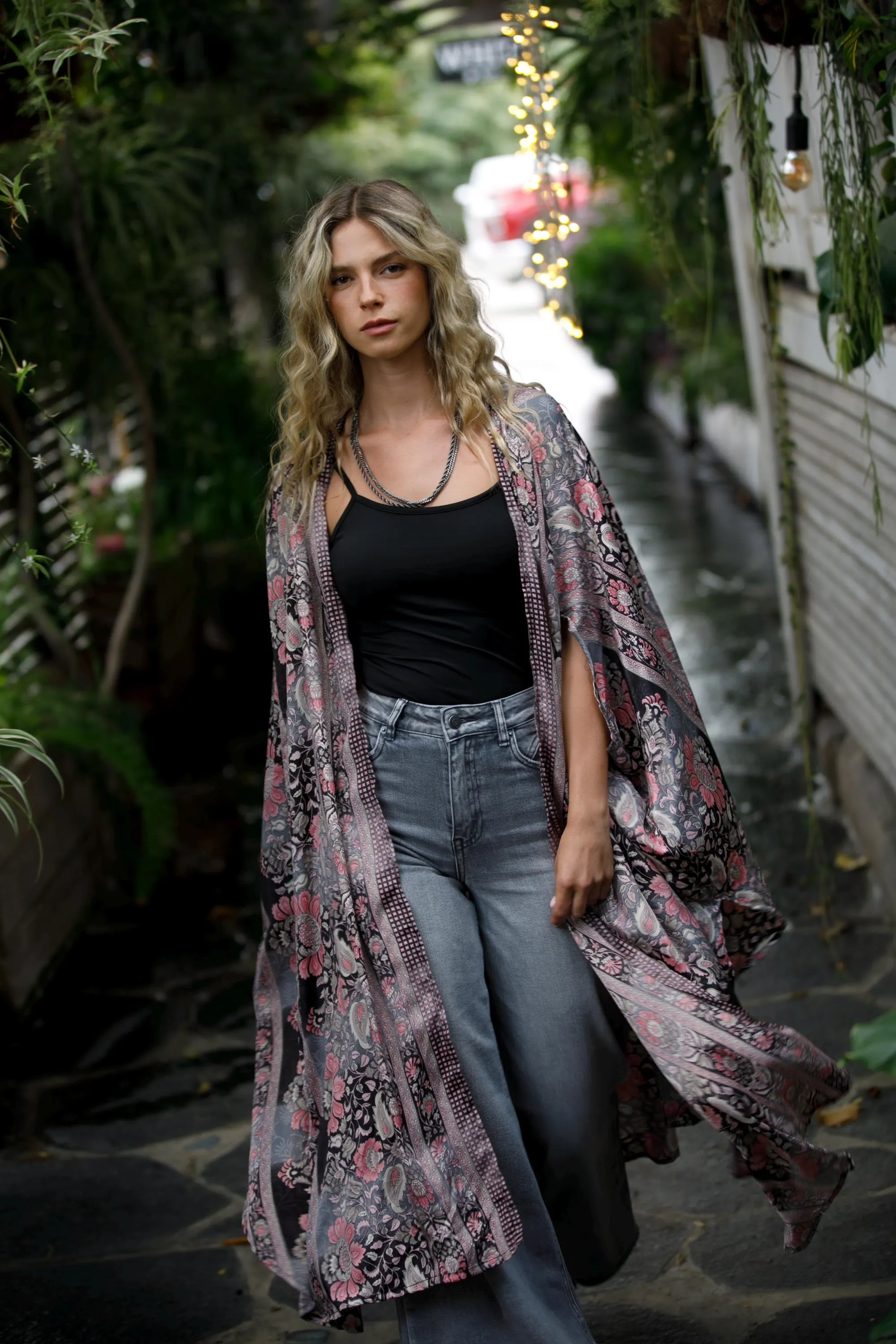 Black & Pink Boho Chic Stylish Kimono Robe, Silky Flared Oversized Kimono Festival Summer Cover Up
