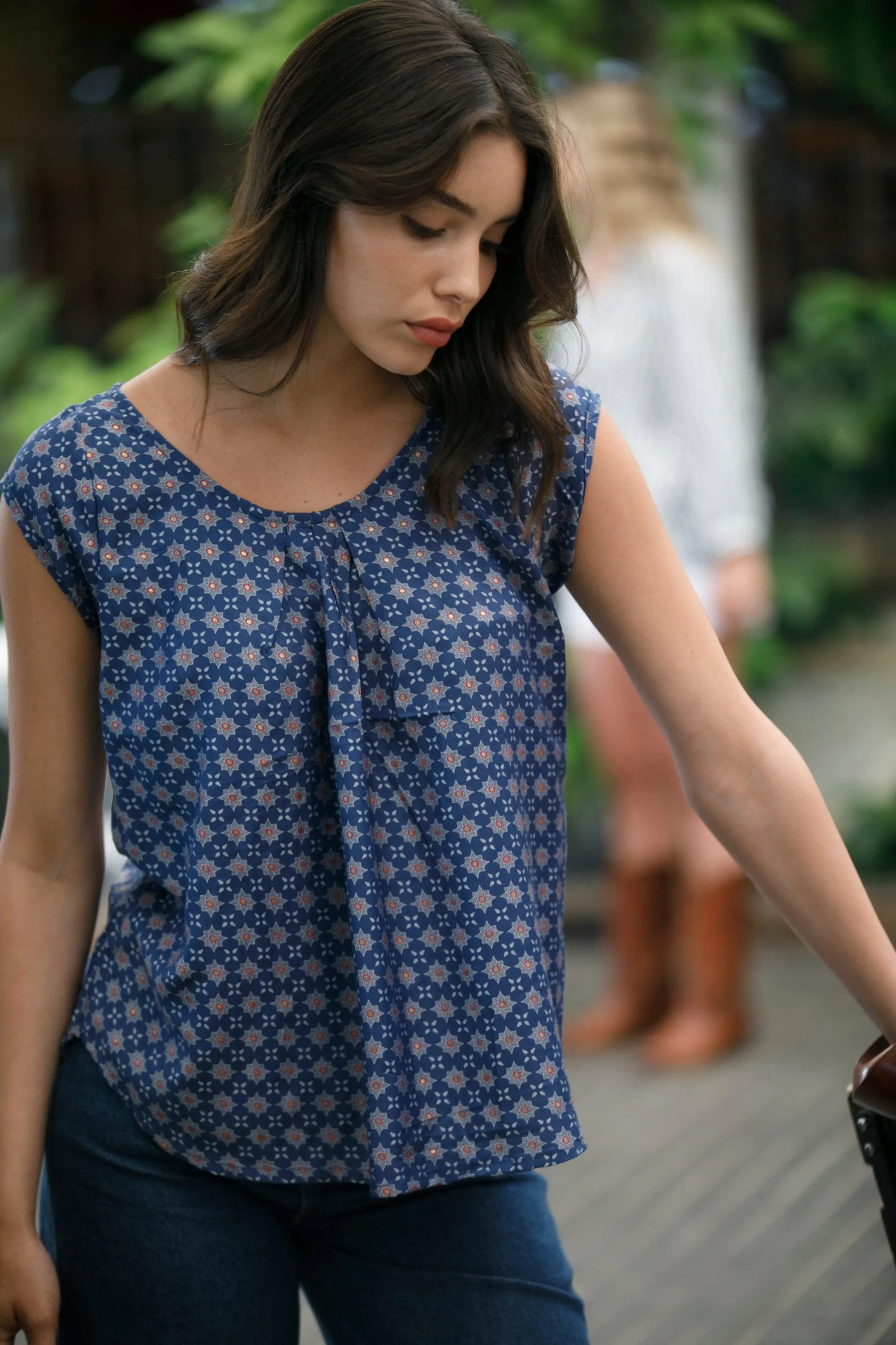 Women's Blue and Gold Wide Fit Shirt, Everyday Office Wear, Long Torso Crew Neck Oversized Shirt, Blue Bohemian Blouse