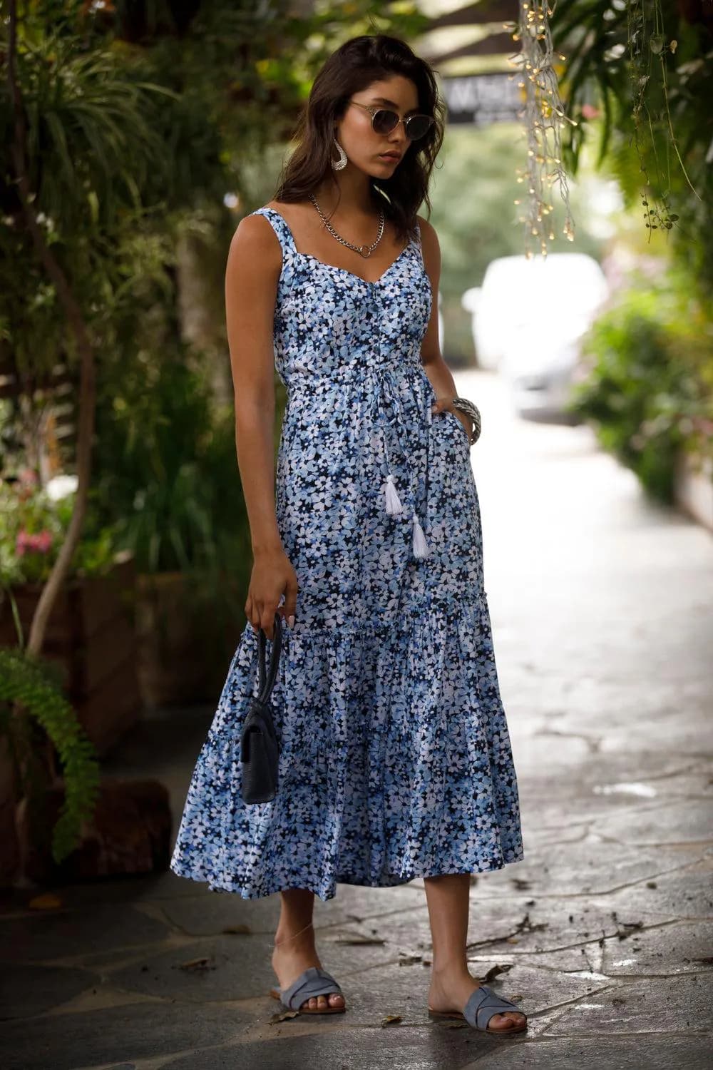 Blue Floral Maxi Dress with Pockets, Sleeveless Viscose, Tiered Maxi Dress - image 5