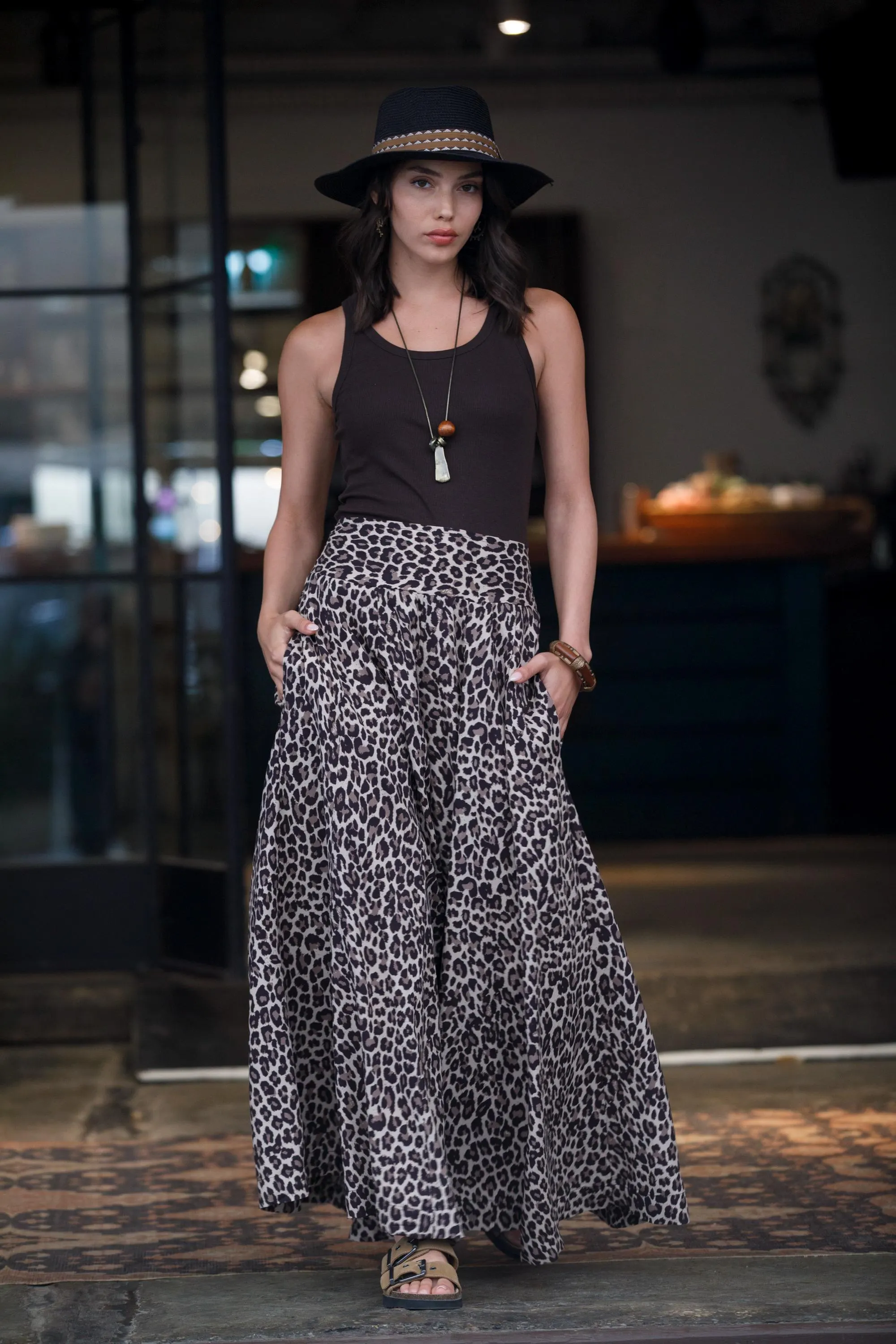 Boho Skirt Pants, Wide Leg Palazzo Pants, Black Beige Printed Pants, Flowy Resort Pants, High Waist Bohemian Trousers - image 5
