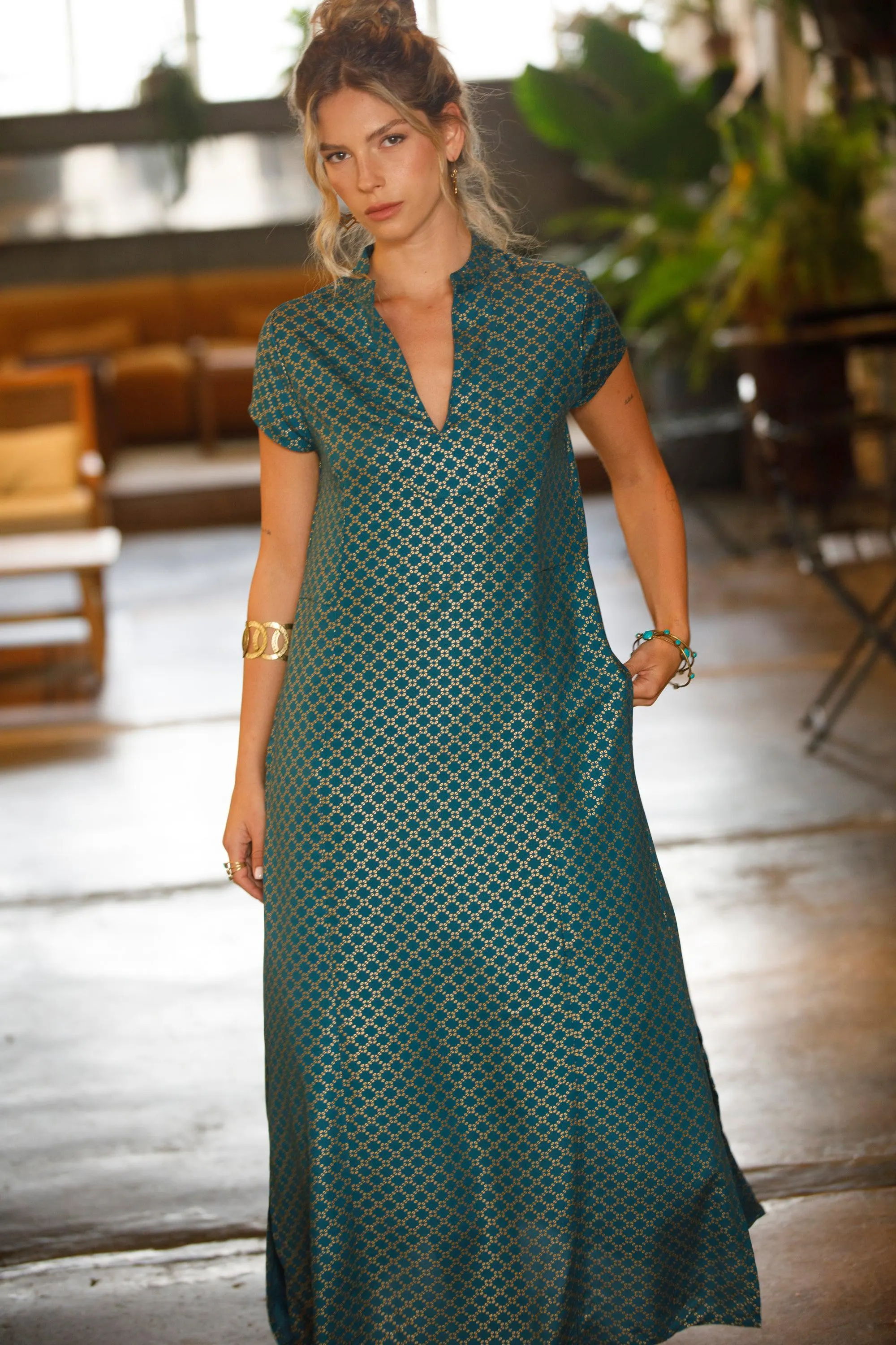 Teal and Gold Viscose Kaftan Maxi Dress with Pockets, Short Sleeves – Noor - image 5