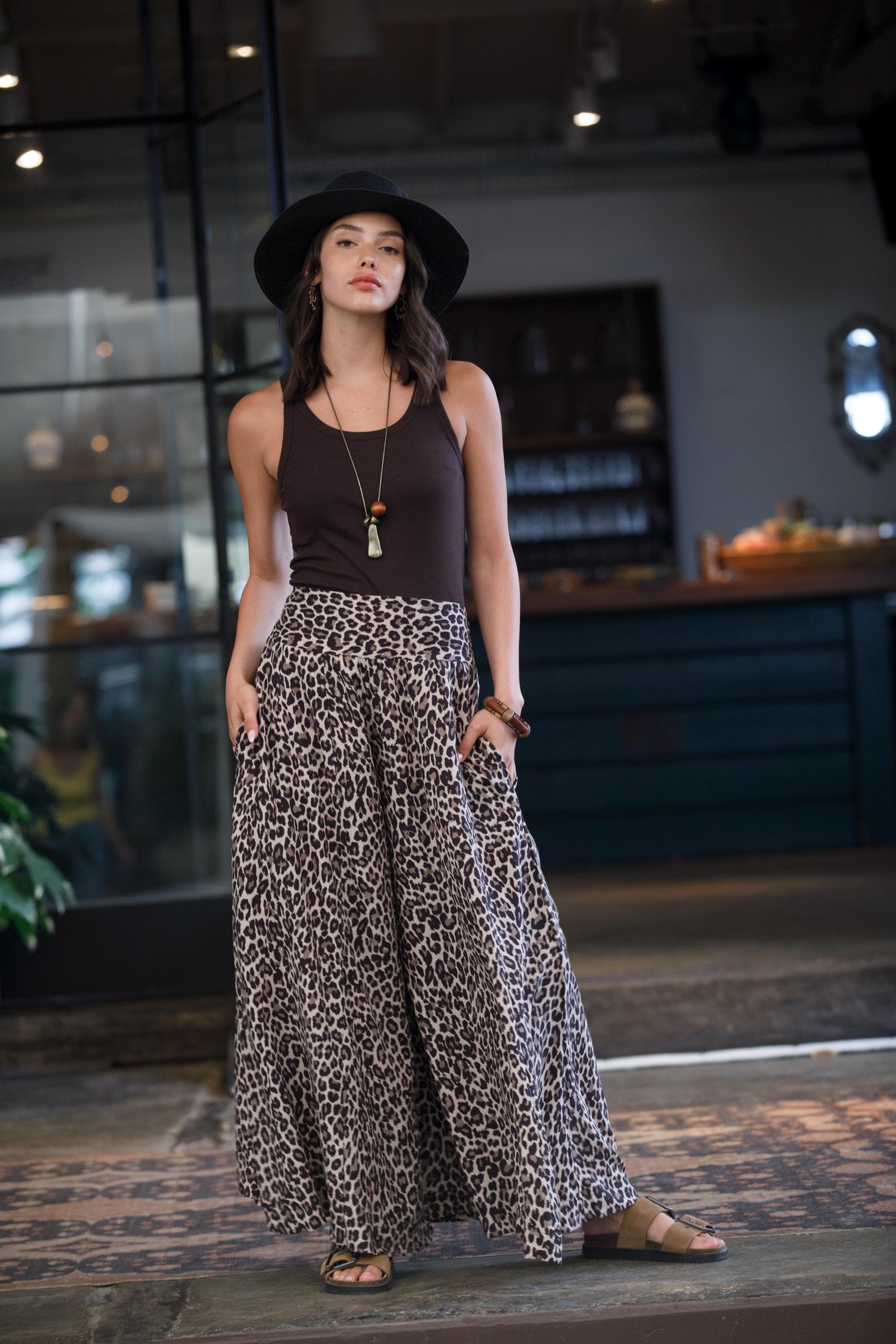 Boho Skirt Pants, Wide Leg Palazzo Pants, Black Beige Printed Pants, Flowy Resort Pants, High Waist Bohemian Trousers - image 4