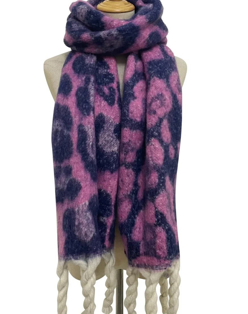 Purple/Pink Leopard Print Chunky Tassel Blanket Wrap Blanket Scarf Thick Shawl Winter Shawl Winter Scarf by Kuati Mayfair